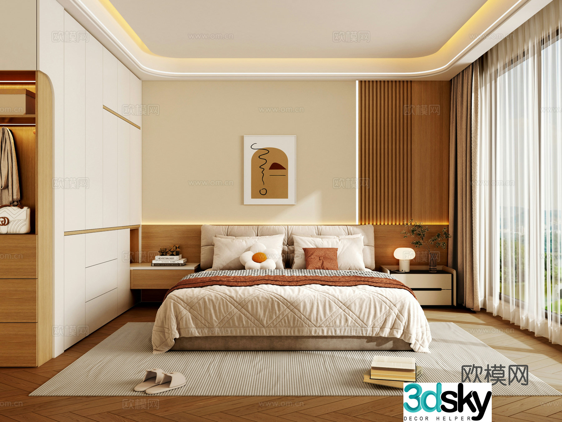 Modern log style bedroom double bed log wardrobe 3d model