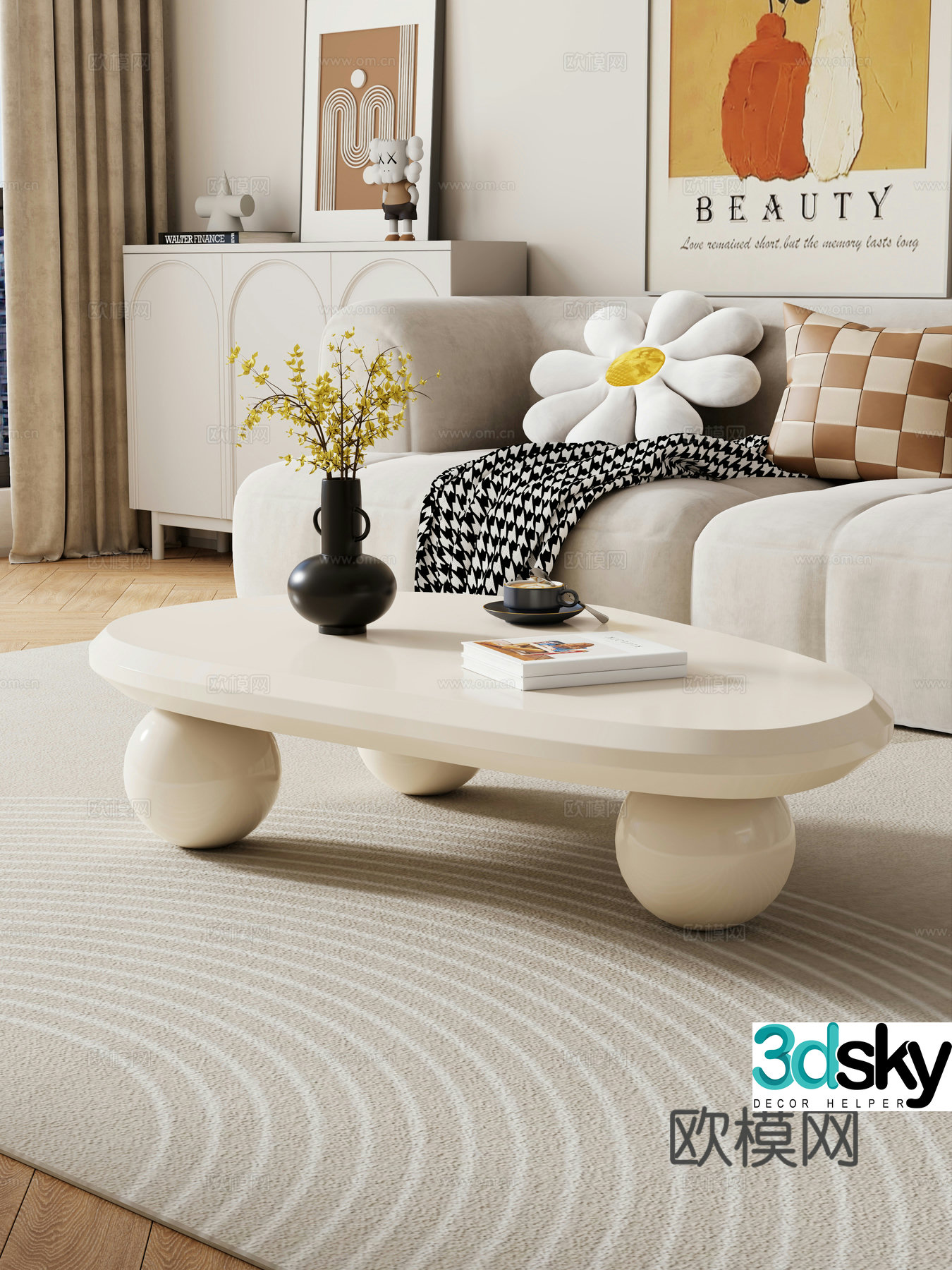 Creamy living room mother-child coffee table sofa coffee table combination decoration 3d model