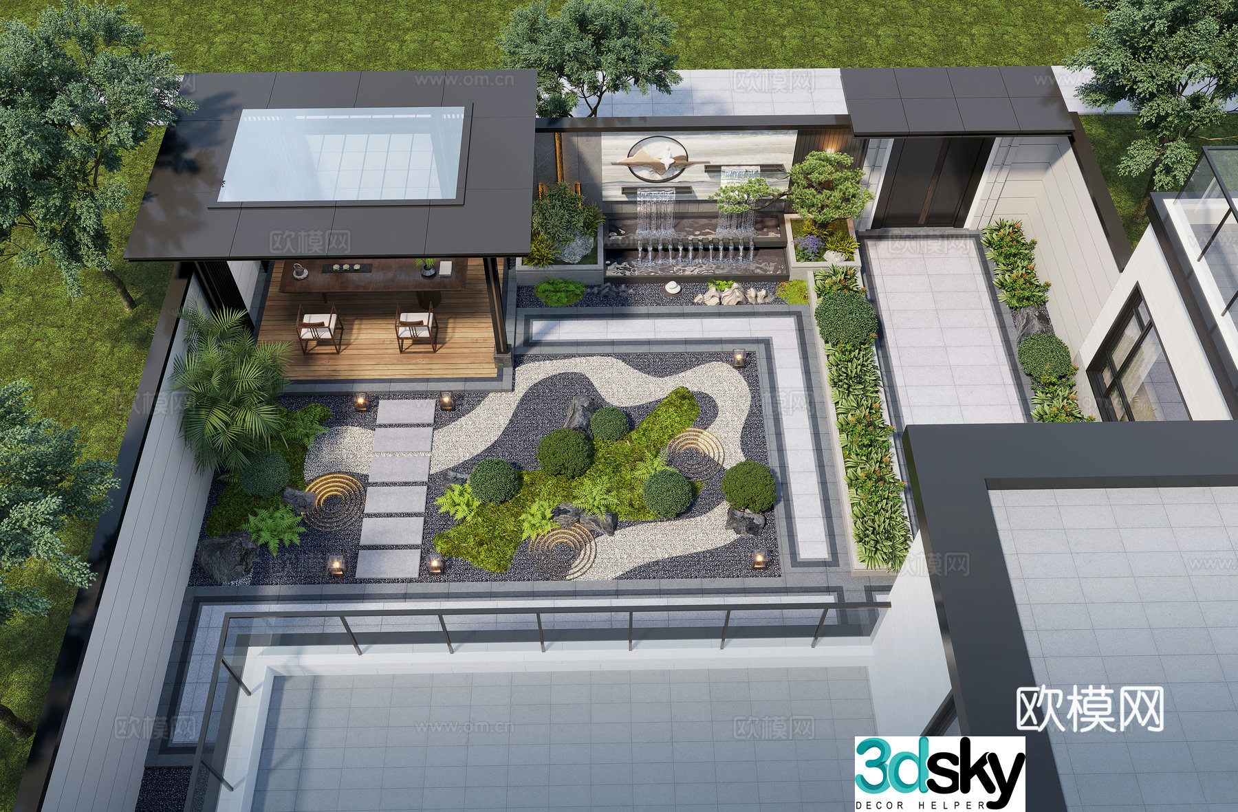 New Chinese style courtyard landscape family courtyard landscape sketch pavilion rockery waterscape landscape wall 3D model