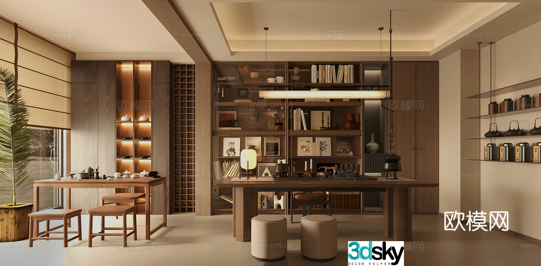 New Chinese-style Zen tea room tea tasting area tea table and chair open study Song-style aesthetic tea room 3D model