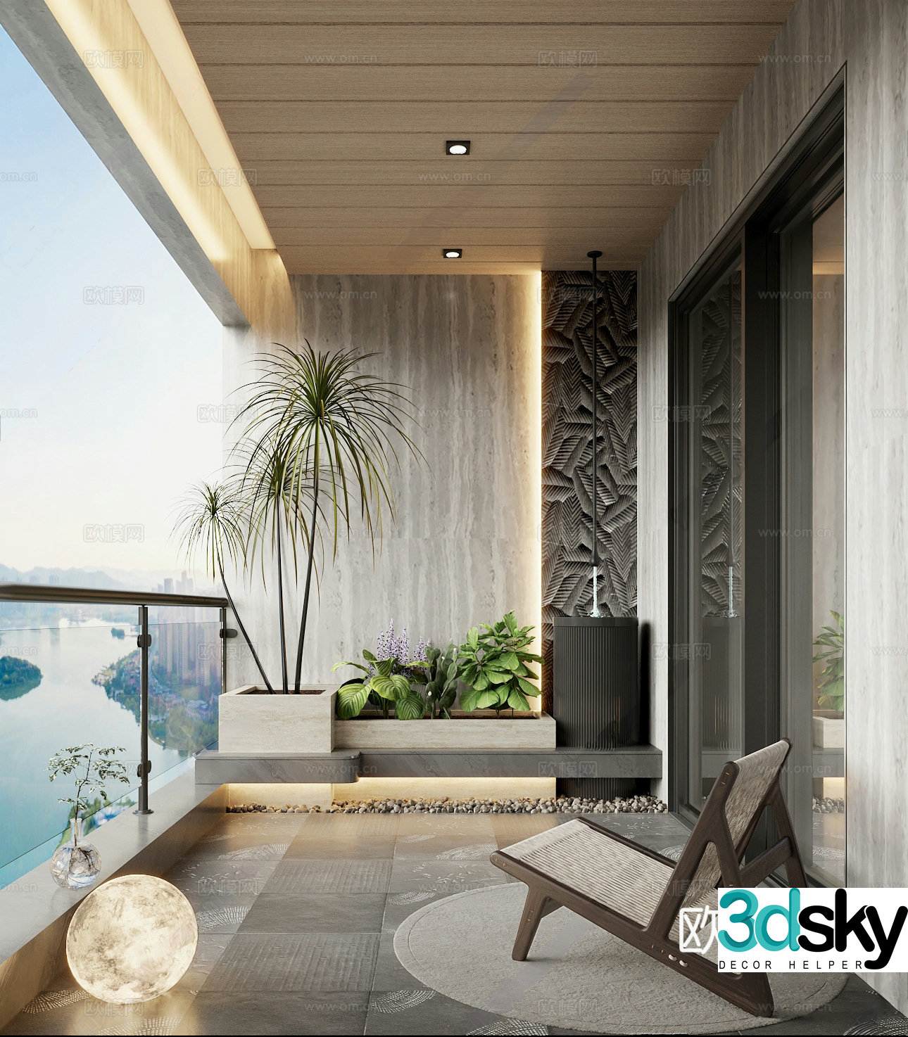 Modern family garden balcony viewing balcony moonlight sink plant flowerbed rest 3d model