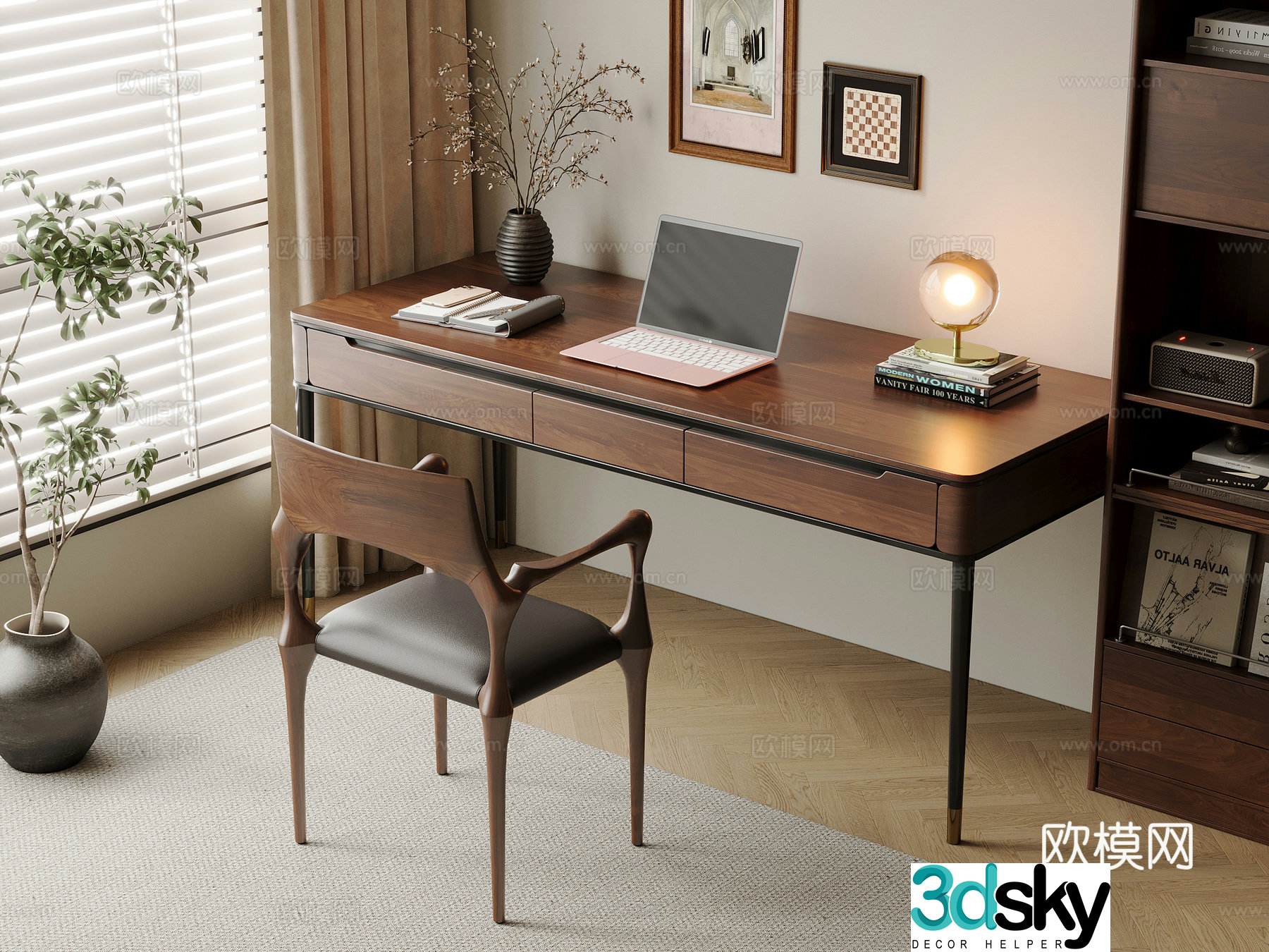 Middle-aged style desk and chair solid wood computer desk and chair writing desk study desk and chair solid wood single chair bookcase 3D model