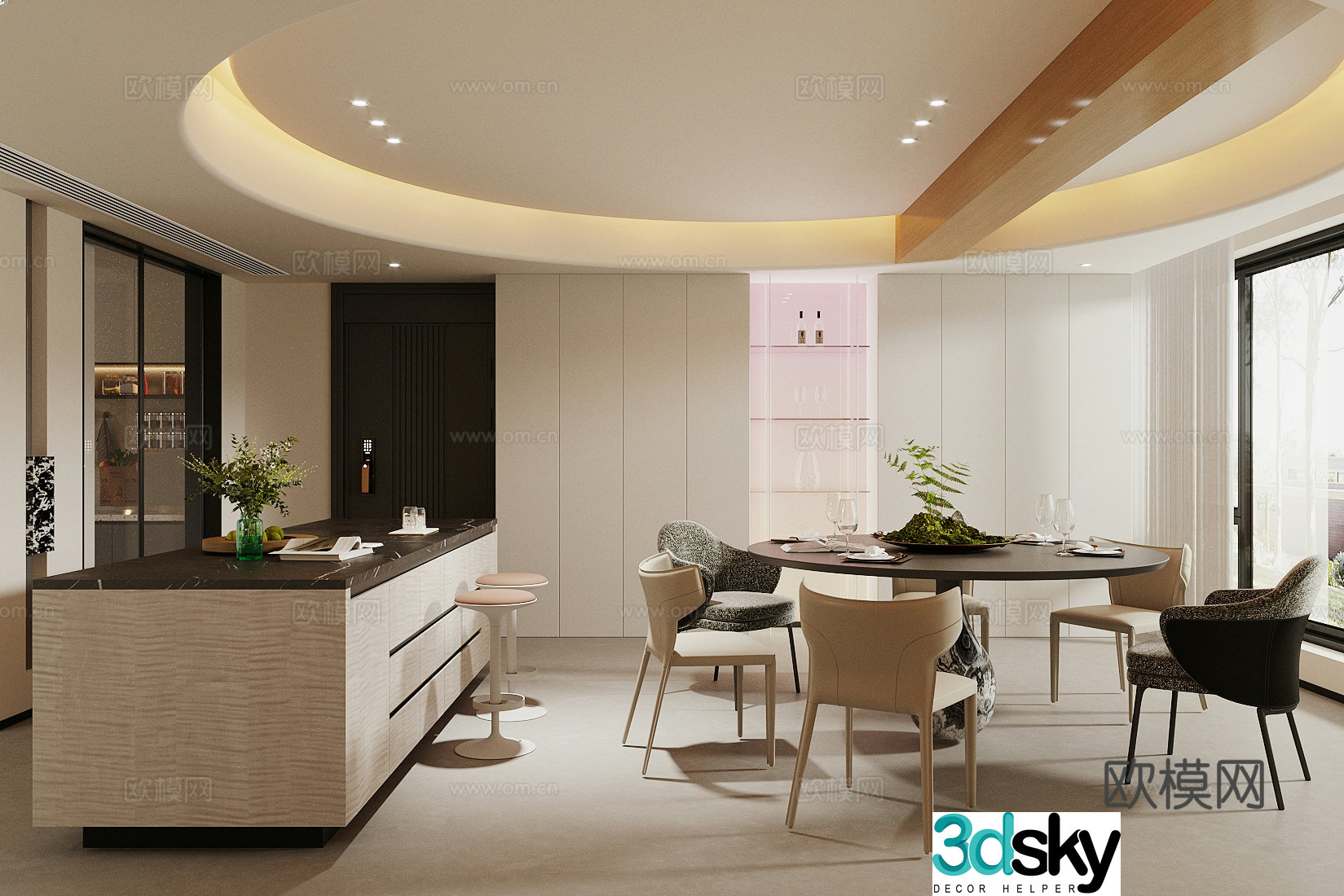 Modern light luxury home restaurant Round table restaurant Island restaurant Open restaurant Light luxury restaurant 3D model