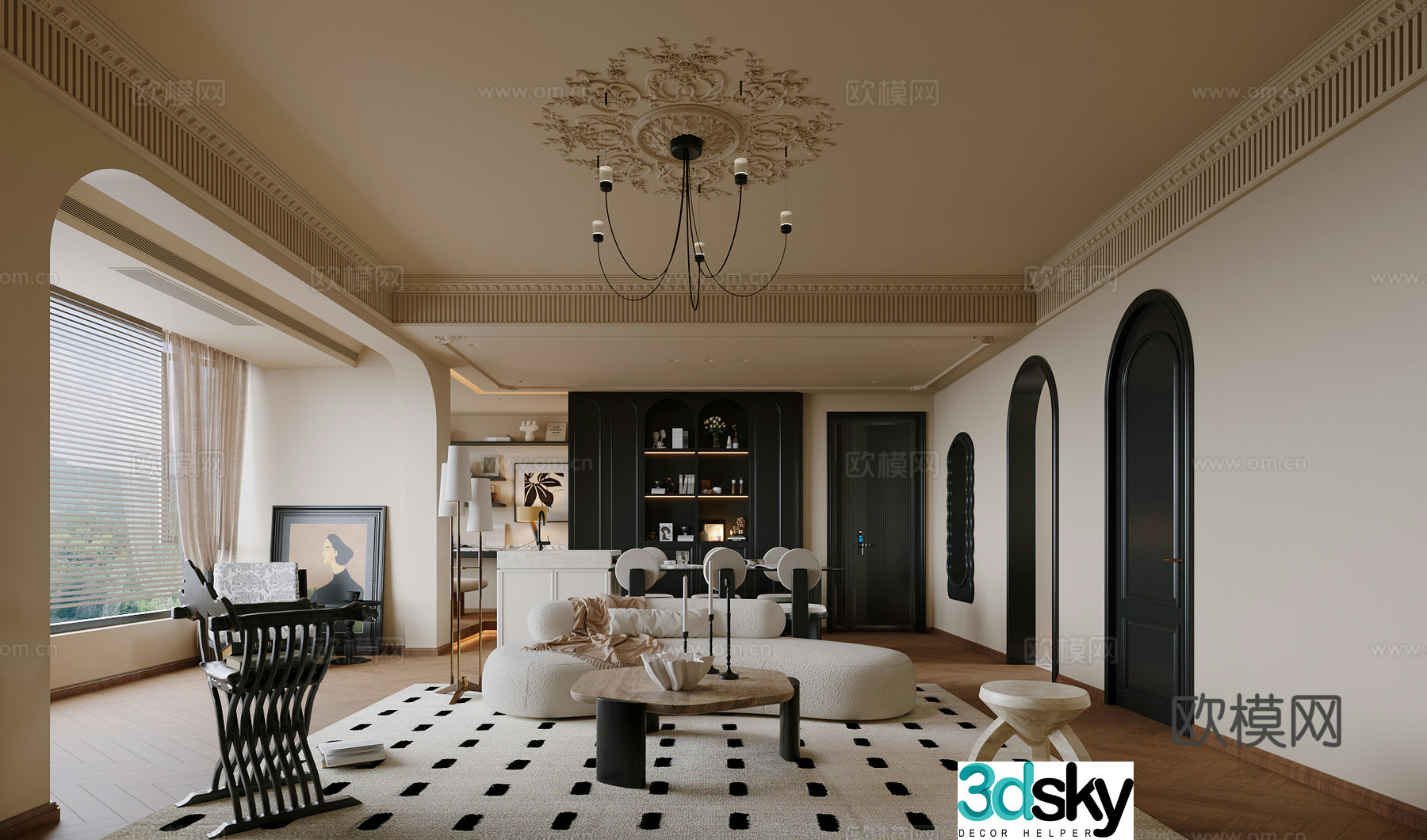 French retro living and dining room 3d model