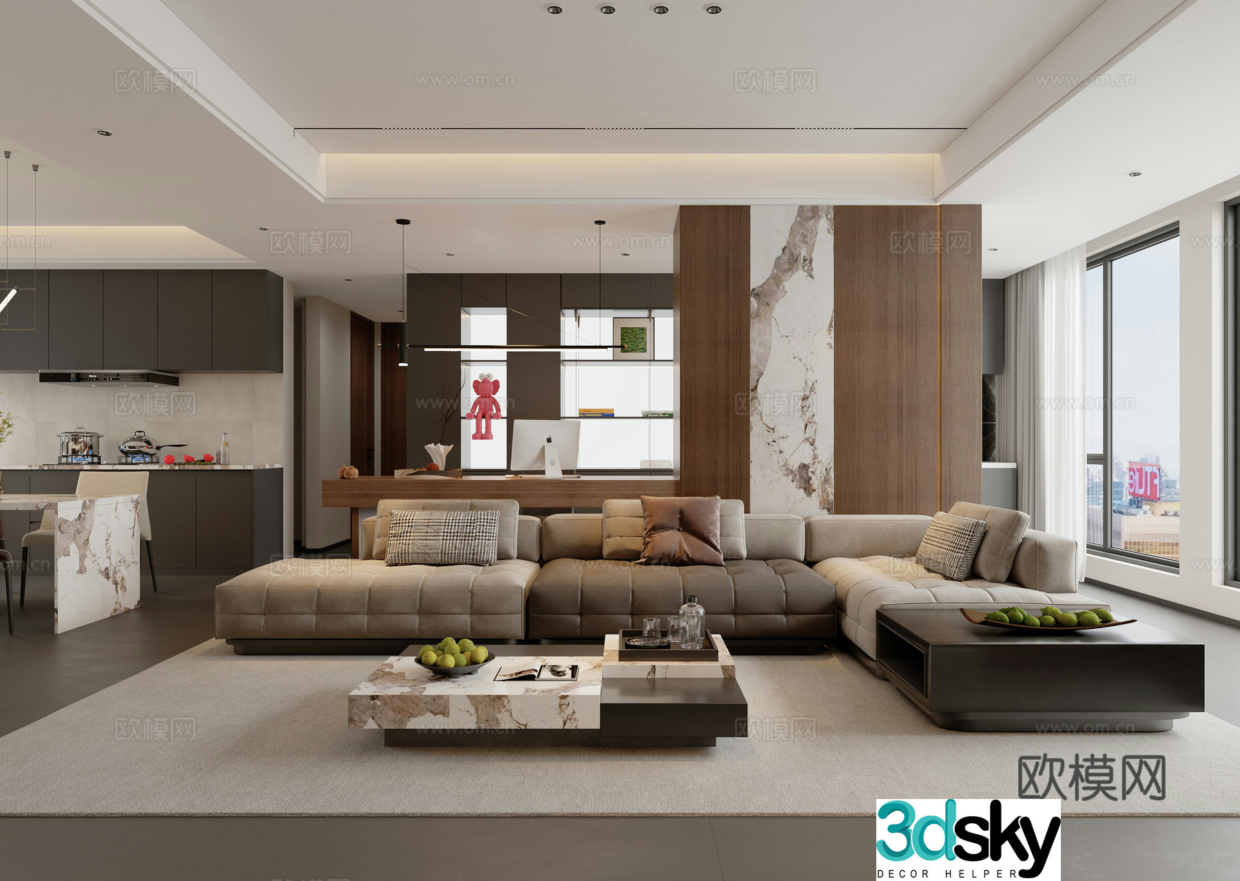 Modern living and dining room combination sofa study desk office kitchen western kitchen light luxury 3D model