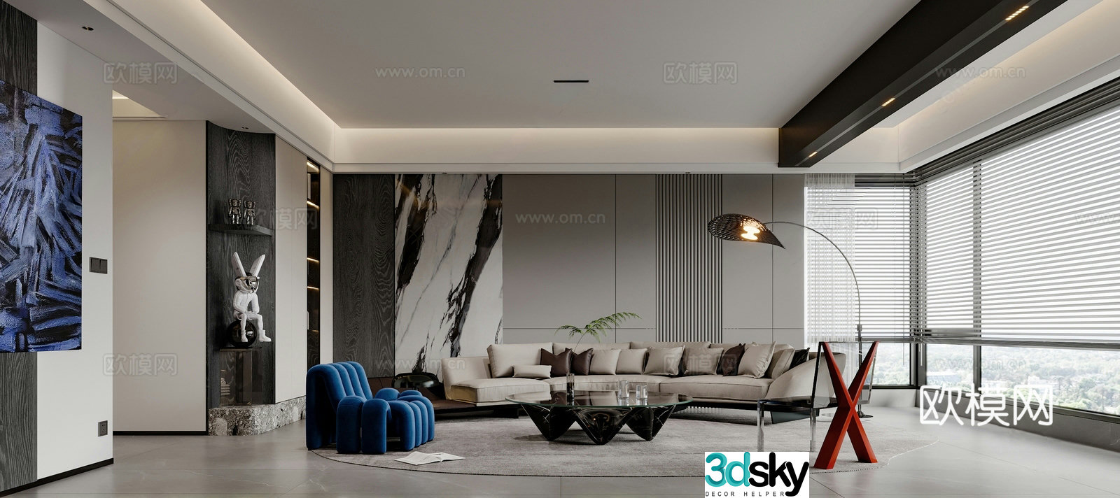 Modern home living room sofa coffee table combination sofa background wall sculpture floor lamp casual sofa 3d model