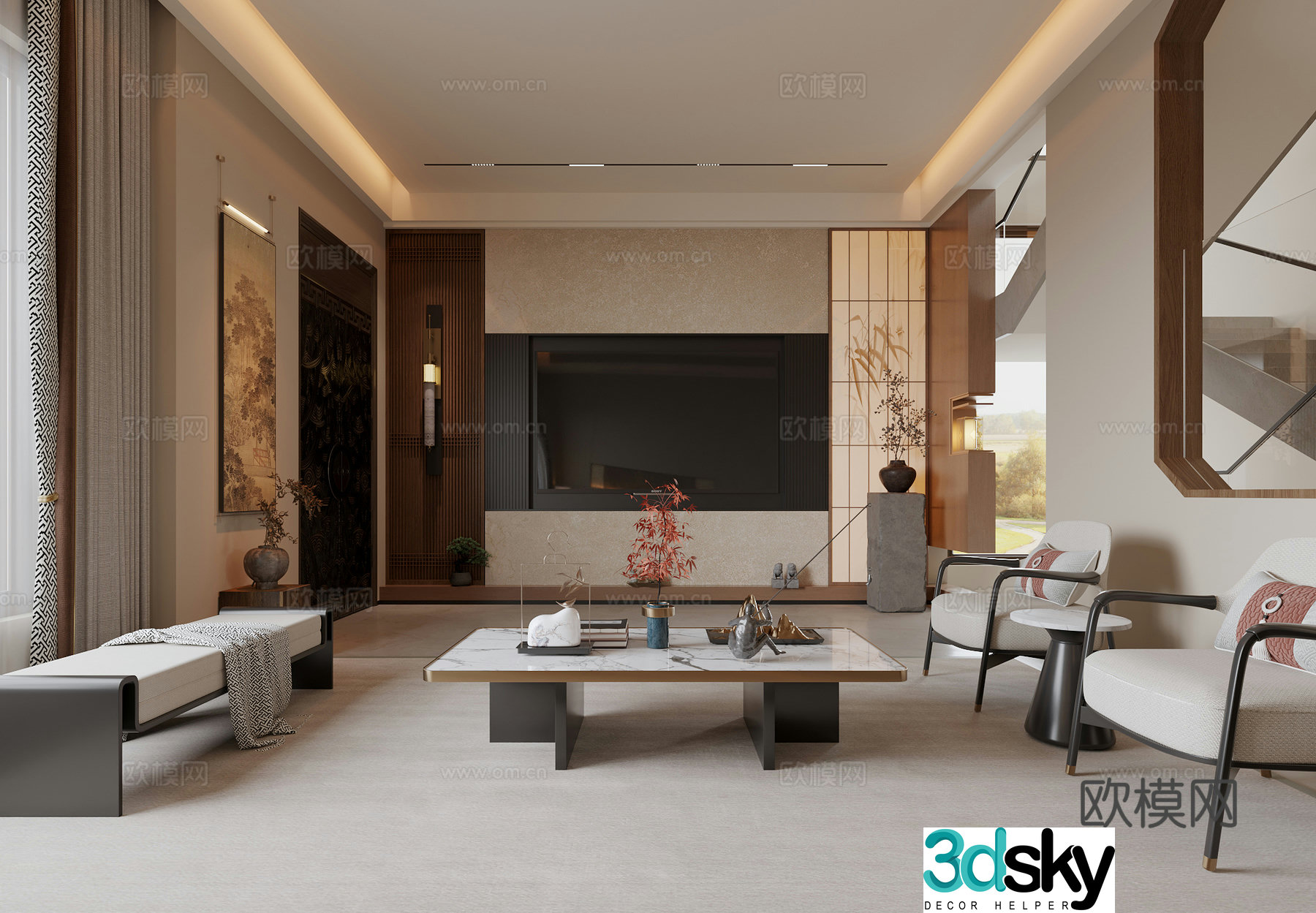 Song Family Villa Living Room TV Background Sofa Coffee Table Combination Hanging Painting Sofa Background Porch Chandelier Hanging Painting Curtains 3D Model