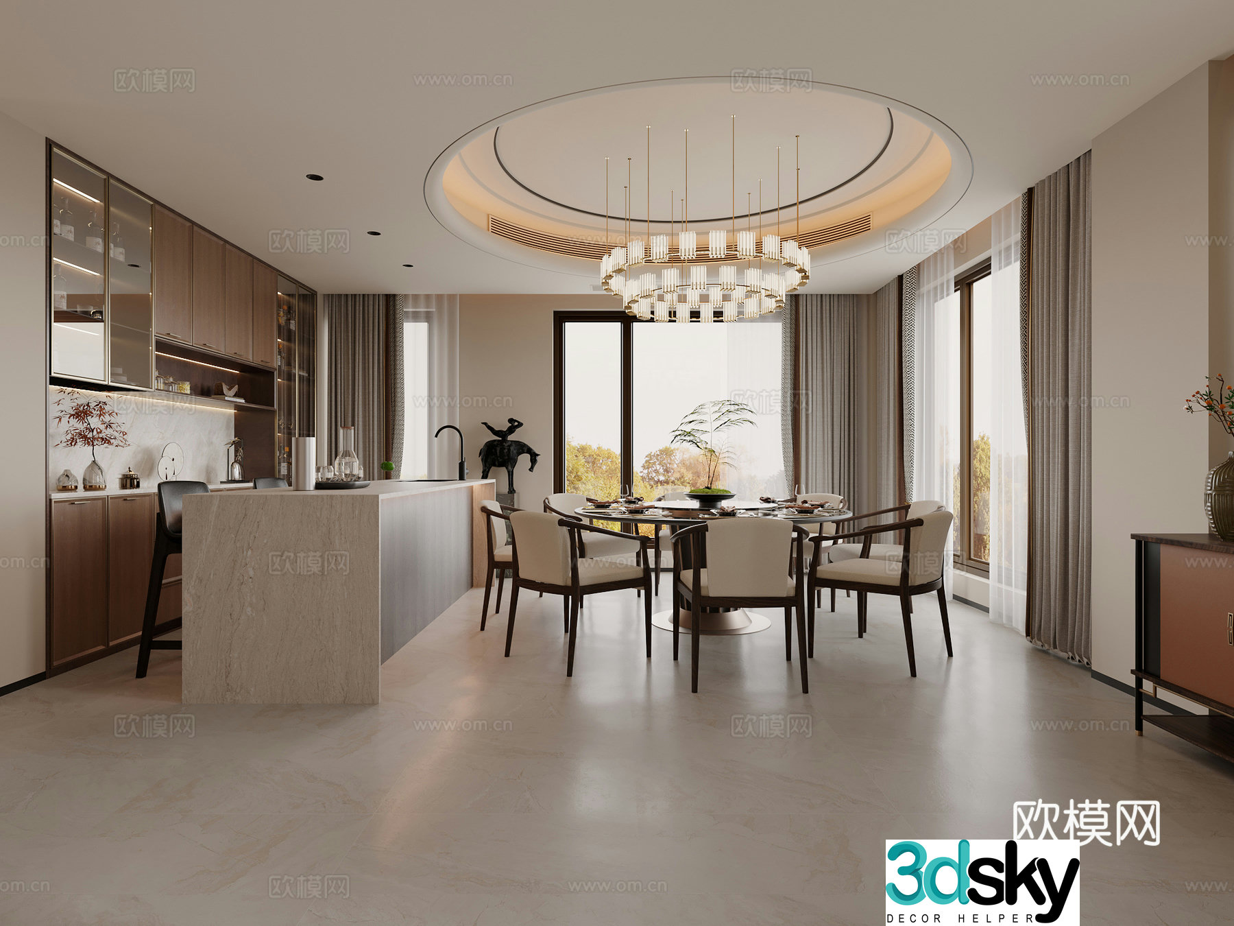 Song Family Restaurant Island Chandelier Wine Cabinet Round Dining Table 3D Model