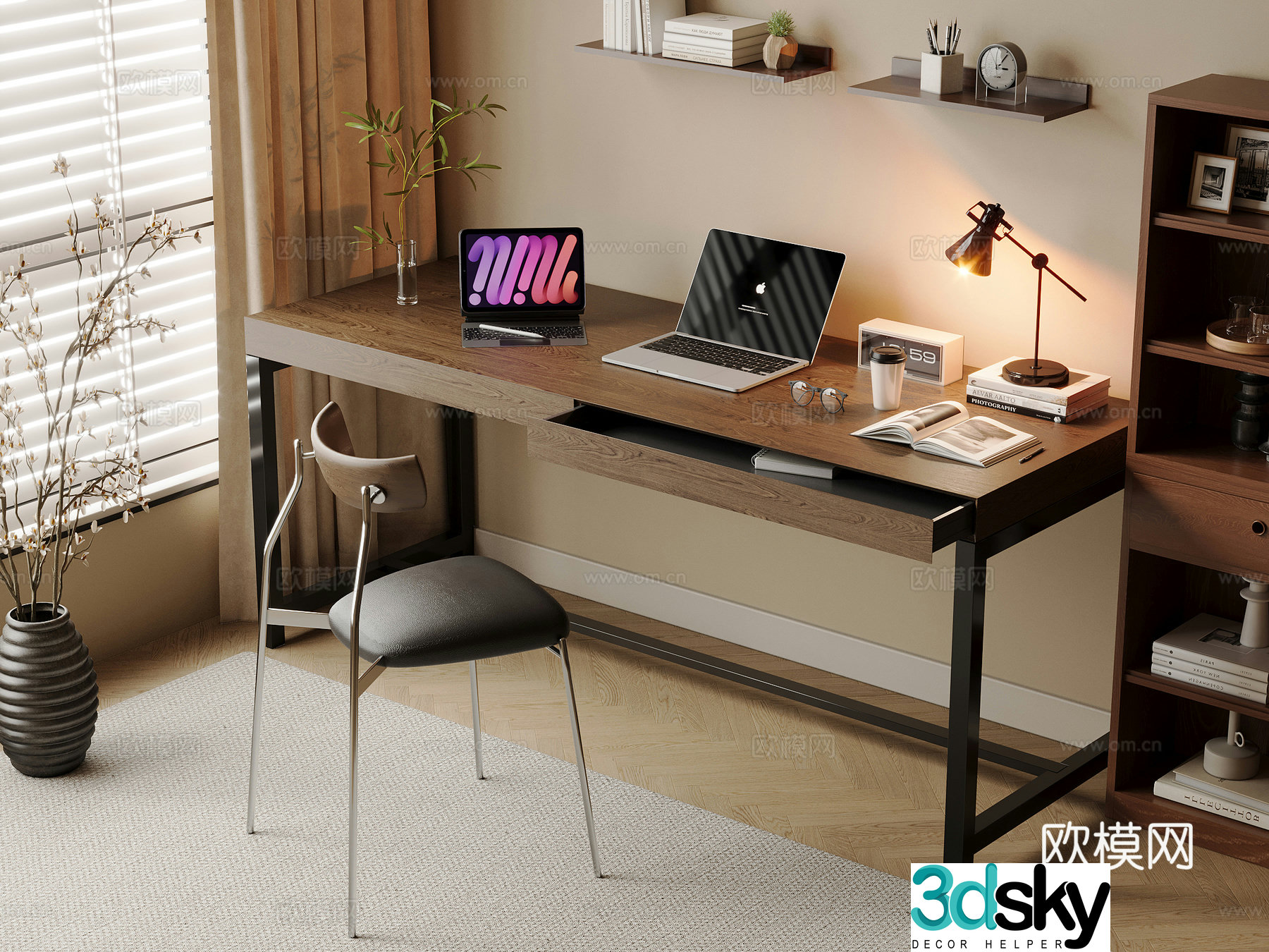 Middle-aged style desk and chair solid wood computer desk and chair writing desk study desk and chair solid wood single chair bookcase 3D model