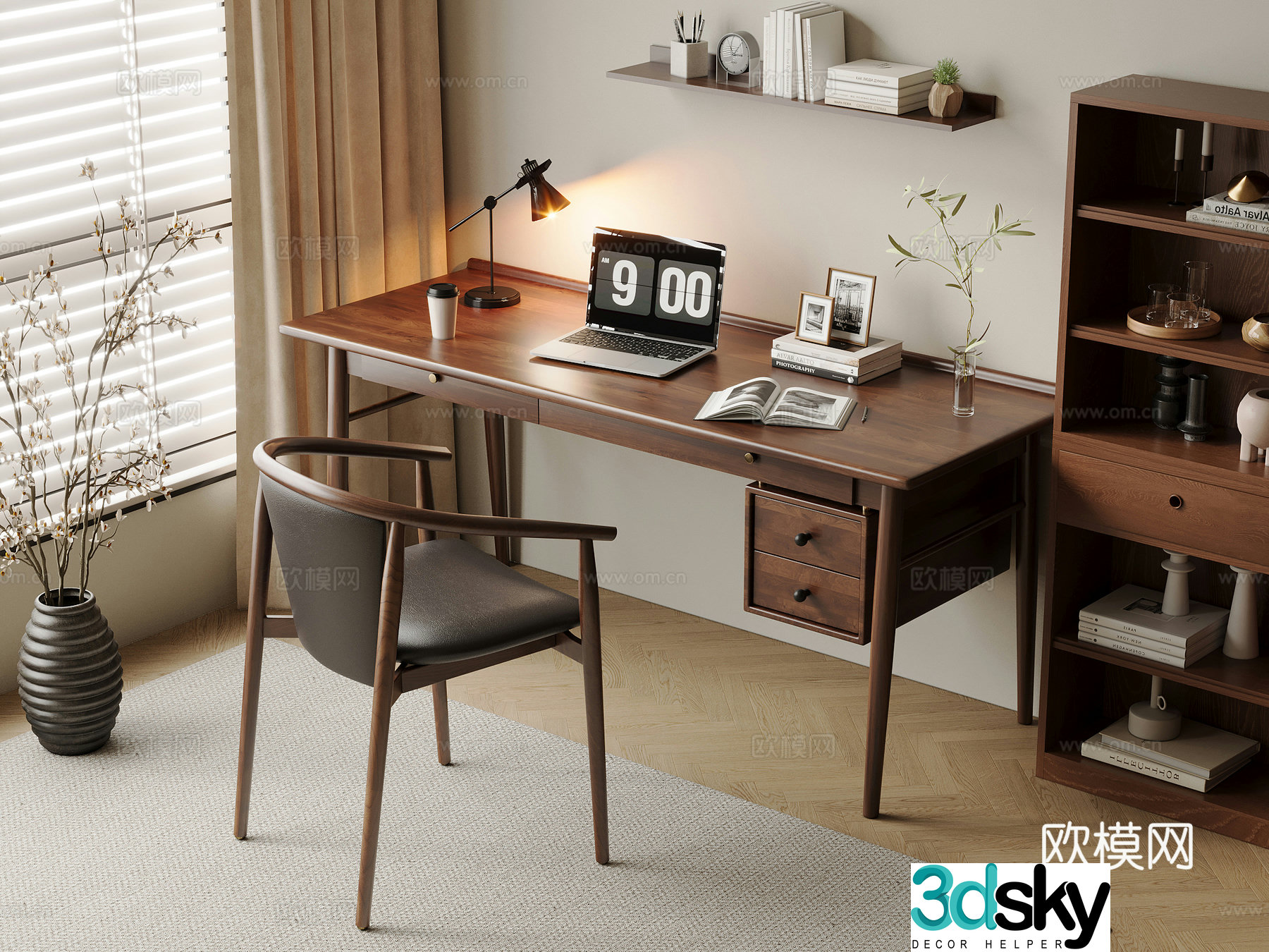 Middle-aged style desk and chair solid wood computer desk and chair writing desk study desk and chair solid wood single chair bookcase 3D model