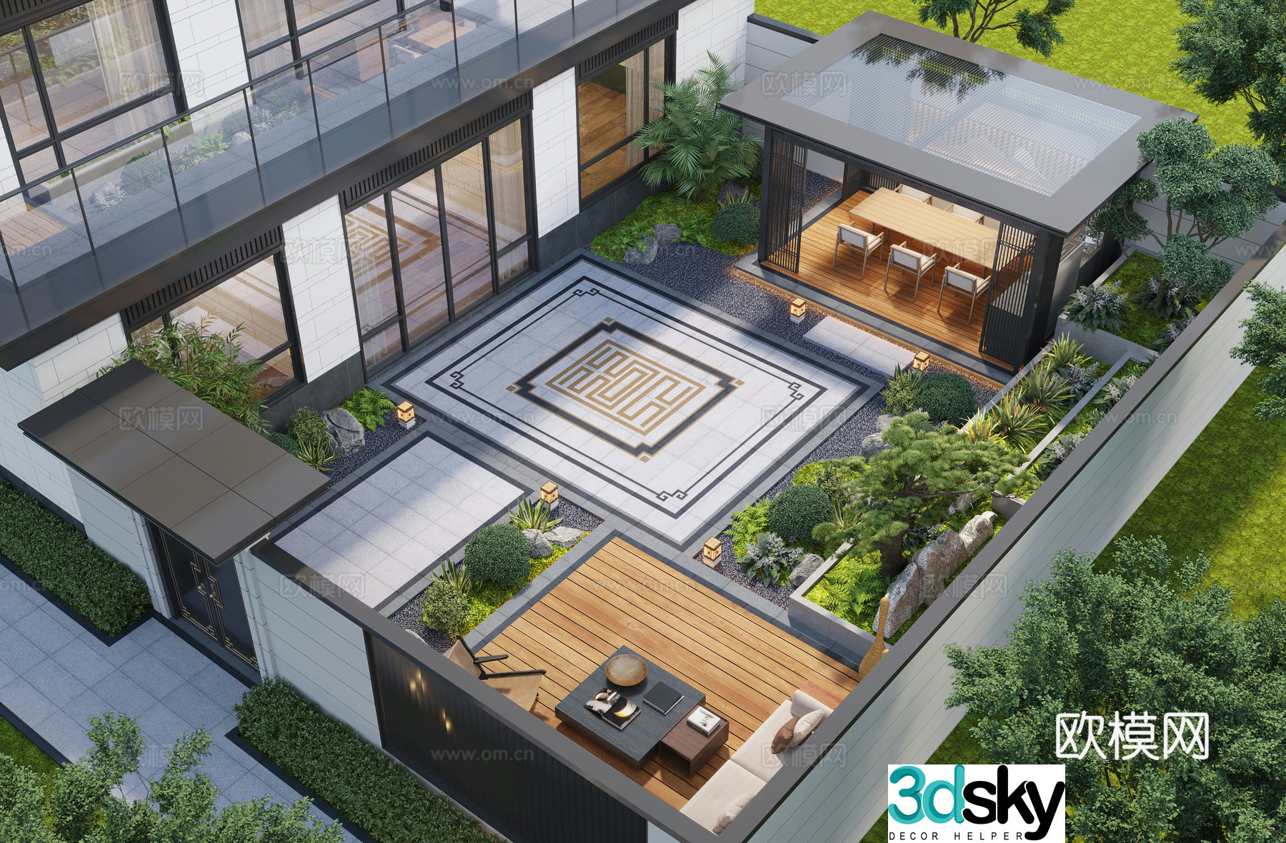 New Chinese style courtyard landscape family courtyard landscape sketch pavilion rockery waterscape landscape wall 3D model