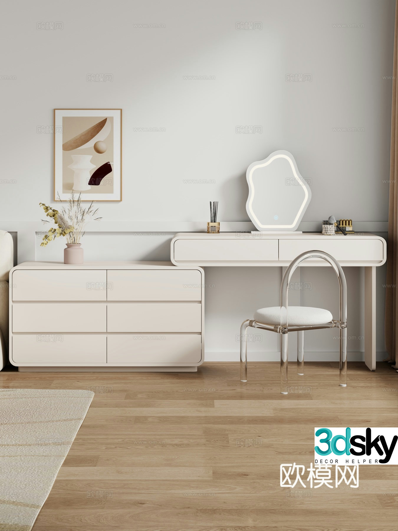 Cream style dressing table makeup stool combination dressing table makeup stool mirror decoration hanging painting 3D model