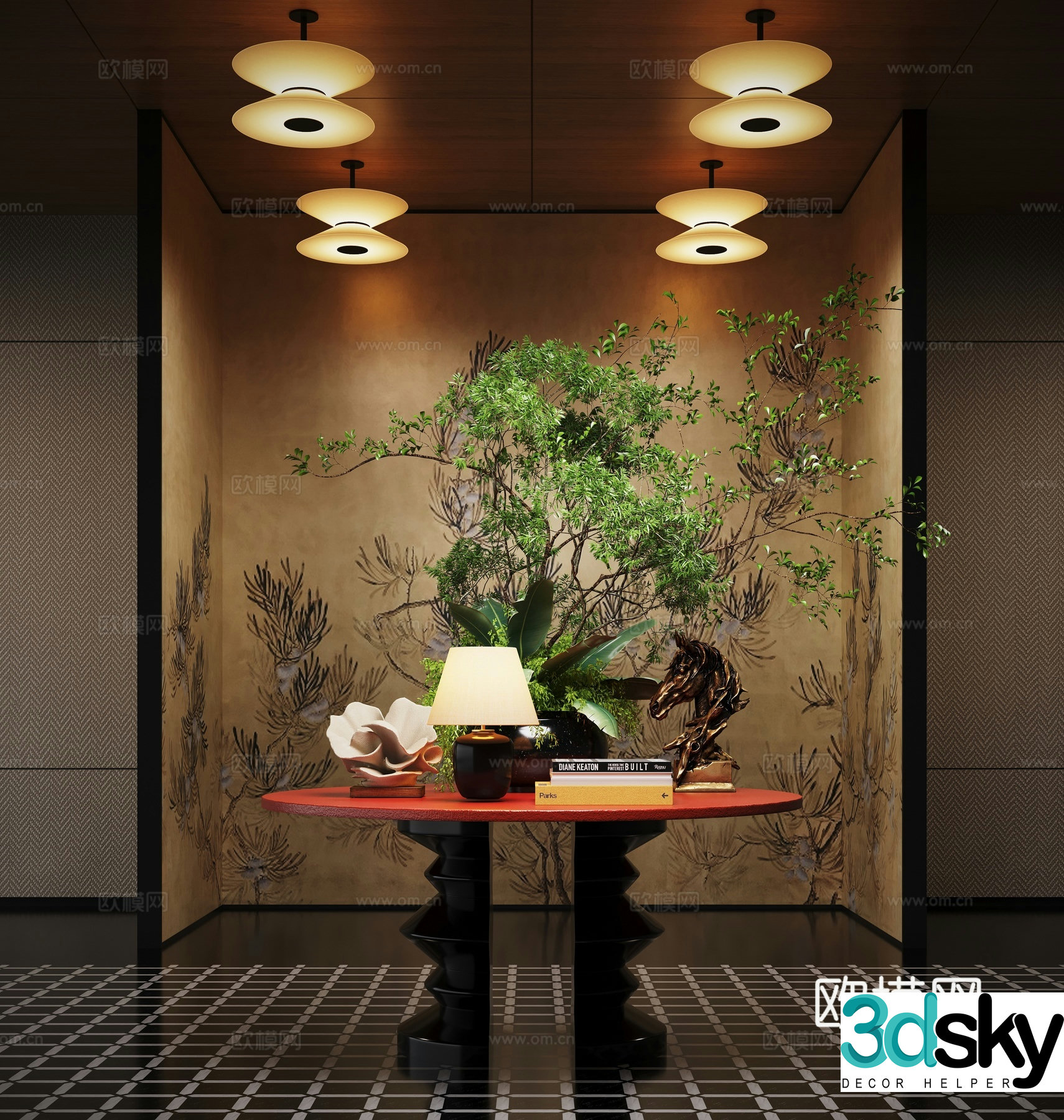 Modern hotel hall floral installation floral table combination 3D model