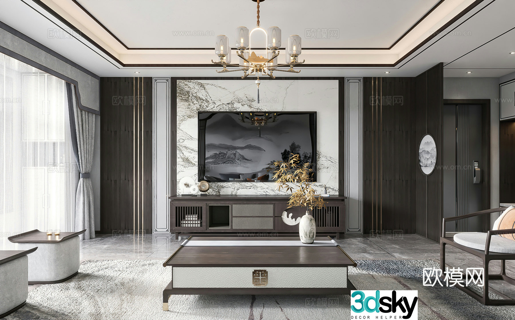 New Chinese style living room TV background wall TV cabinet chandelier New Chinese style living room leisure chair 3d model