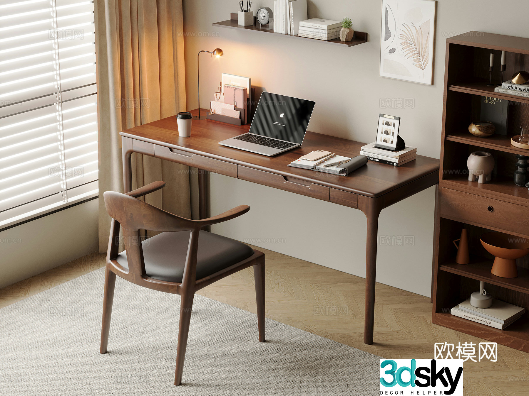 Middle-aged style desk and chair solid wood computer desk and chair writing desk study desk and chair solid wood single chair bookcase 3D model