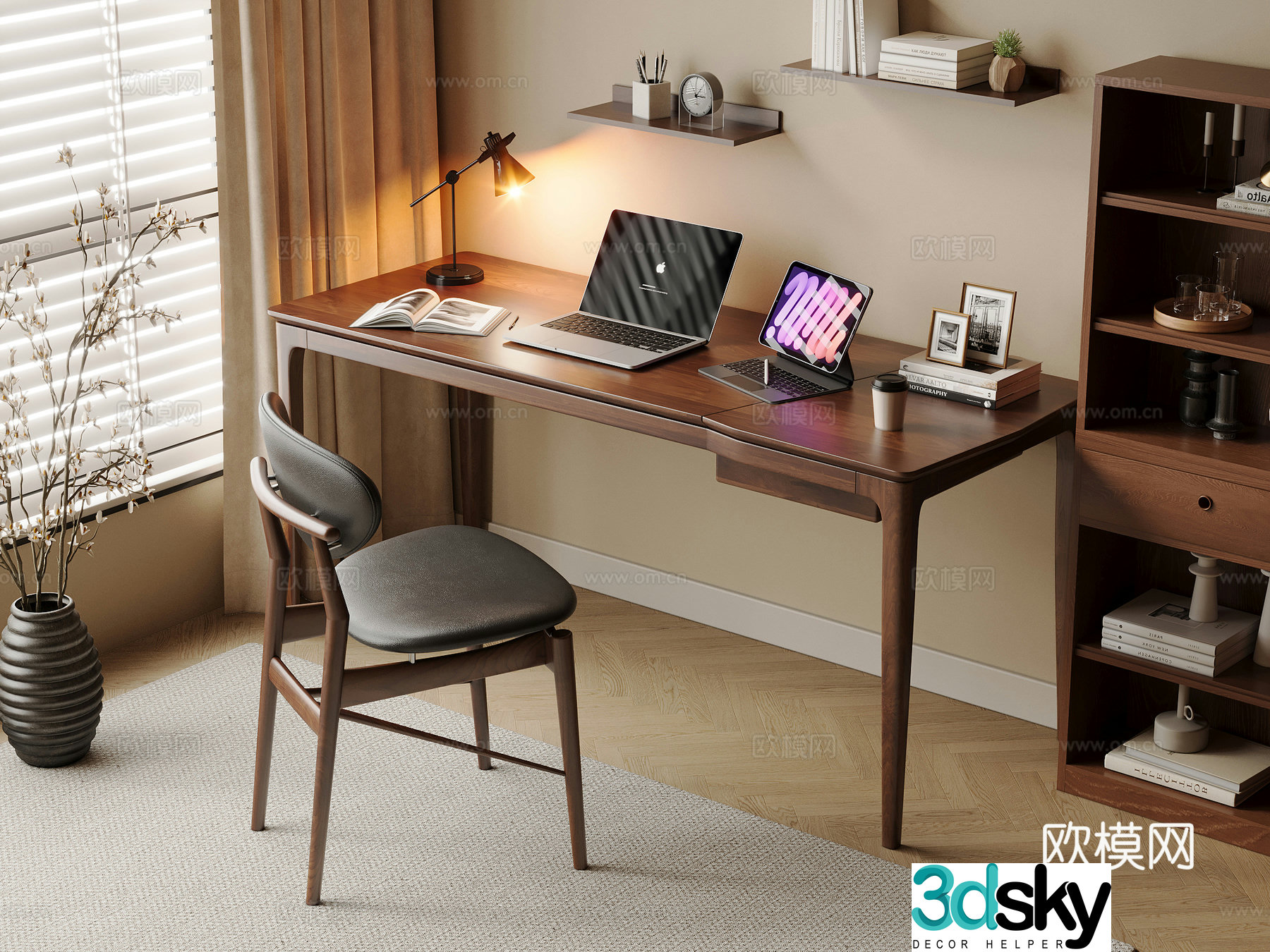 Middle-aged style desk and chair solid wood computer desk and chair writing desk study desk and chair solid wood single chair bookcase 3D model
