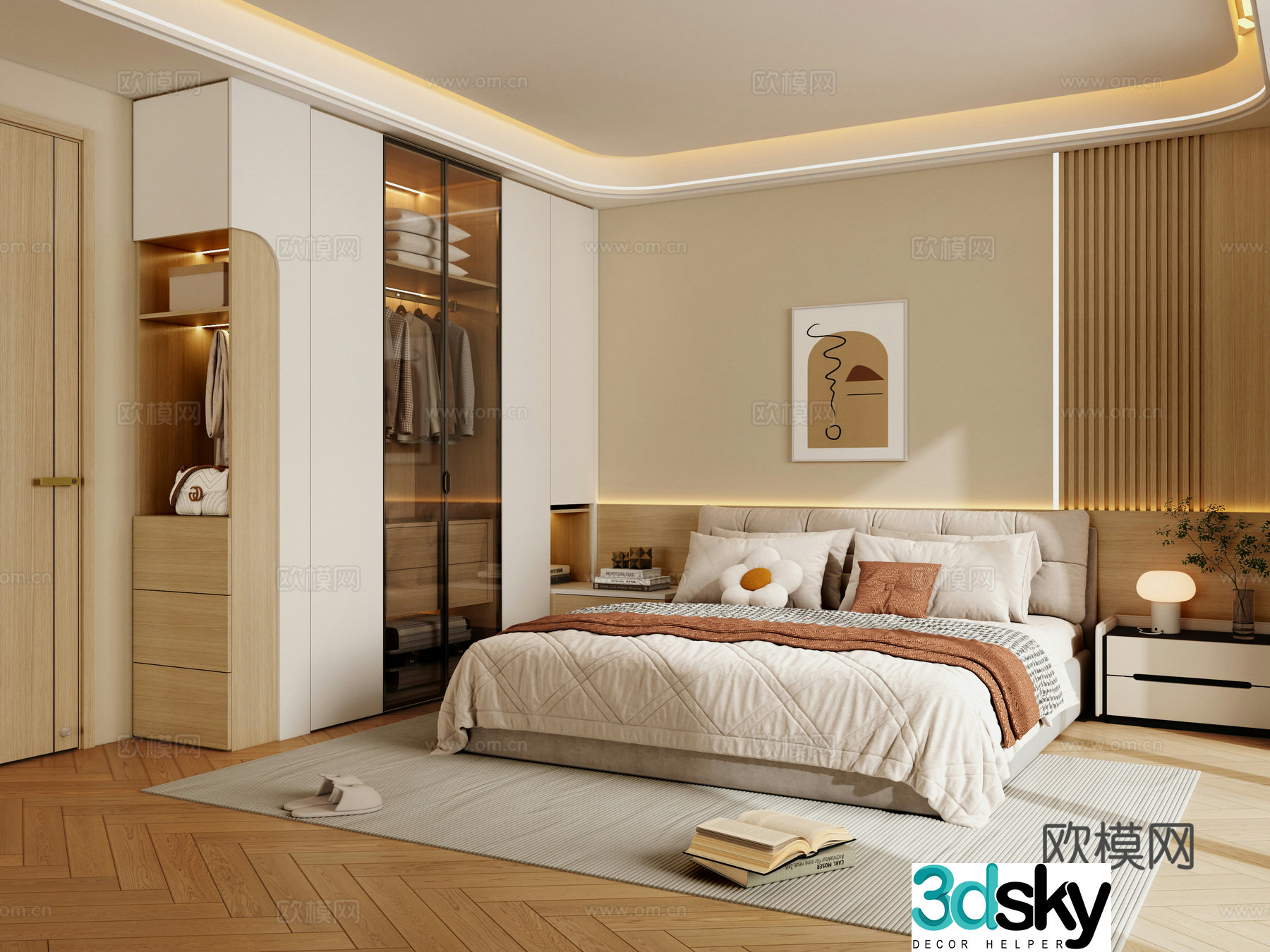 Modern log style bedroom double bed bedroom door glass door wardrobe 3d model