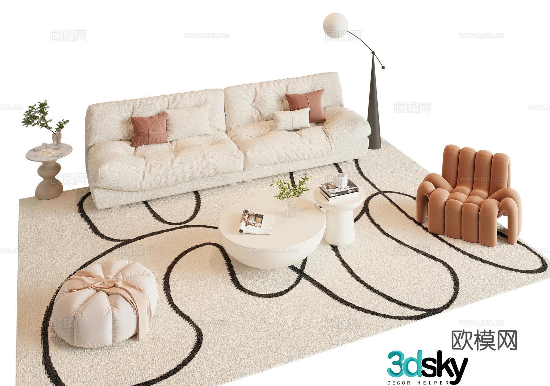 Modern cream style sofa coffee table combination 3D model