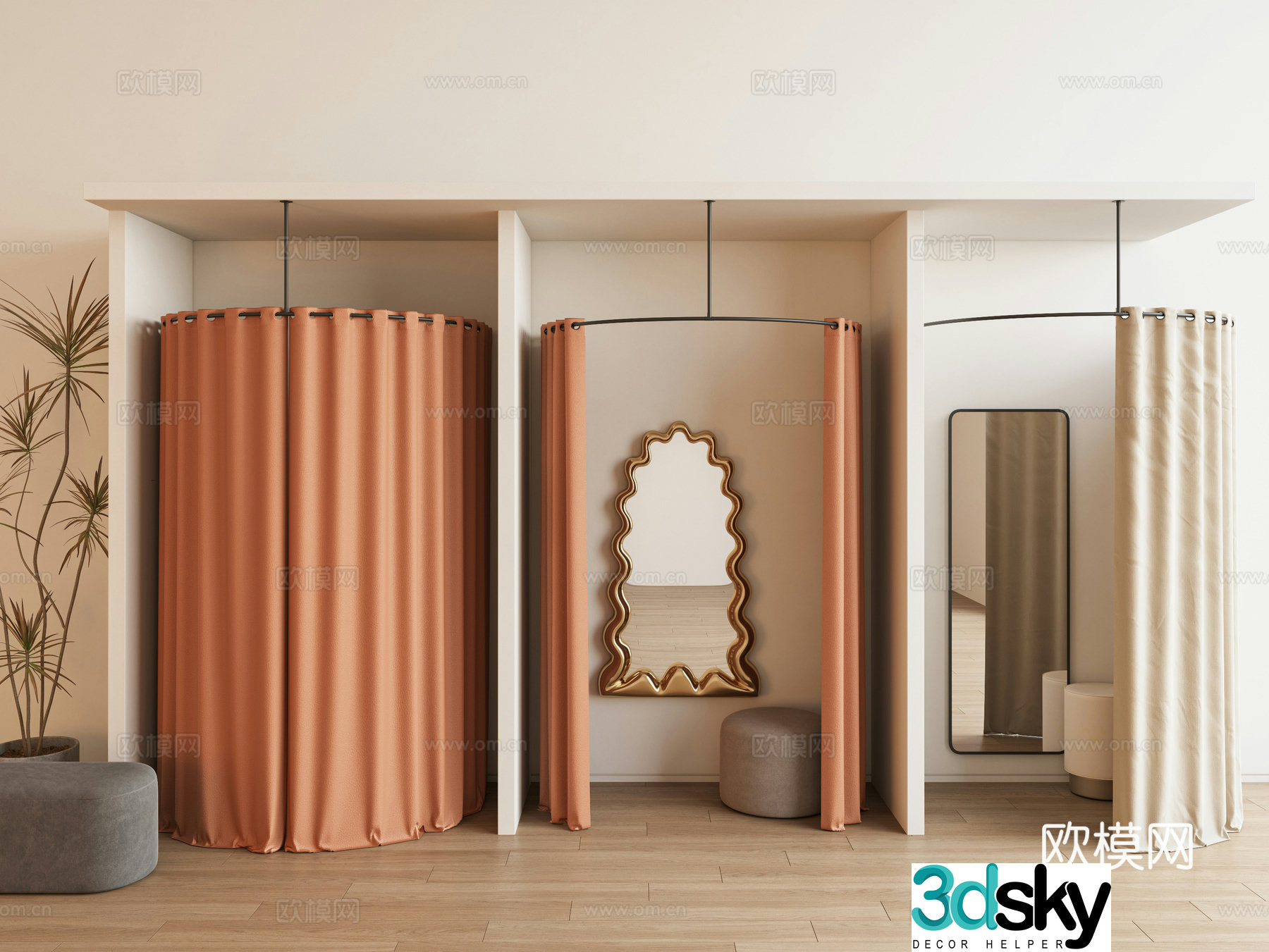 Modern clothing store fitting room fitting room locker room pull curtain floor mirror pull curtain curtain 3d model