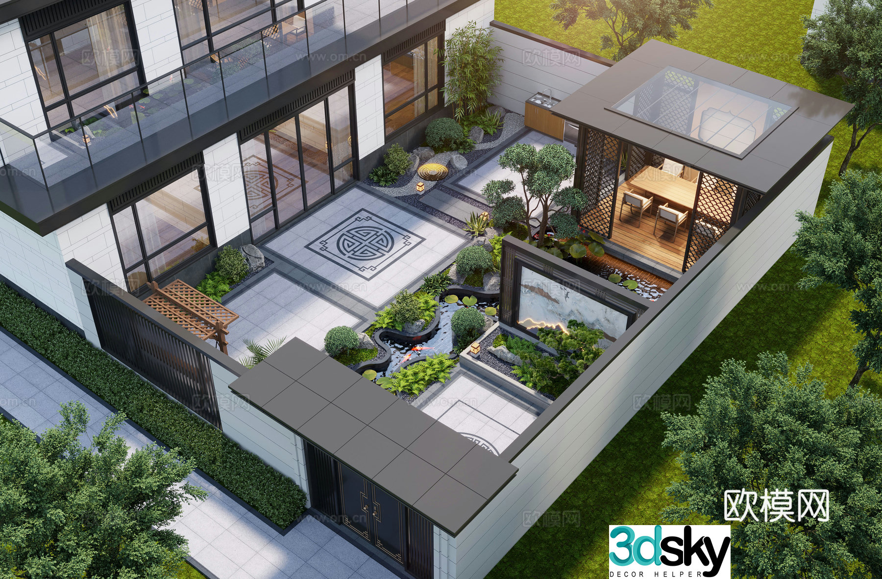 New Chinese style courtyard landscape family courtyard landscape sketch pavilion rockery waterscape landscape wall 3D model