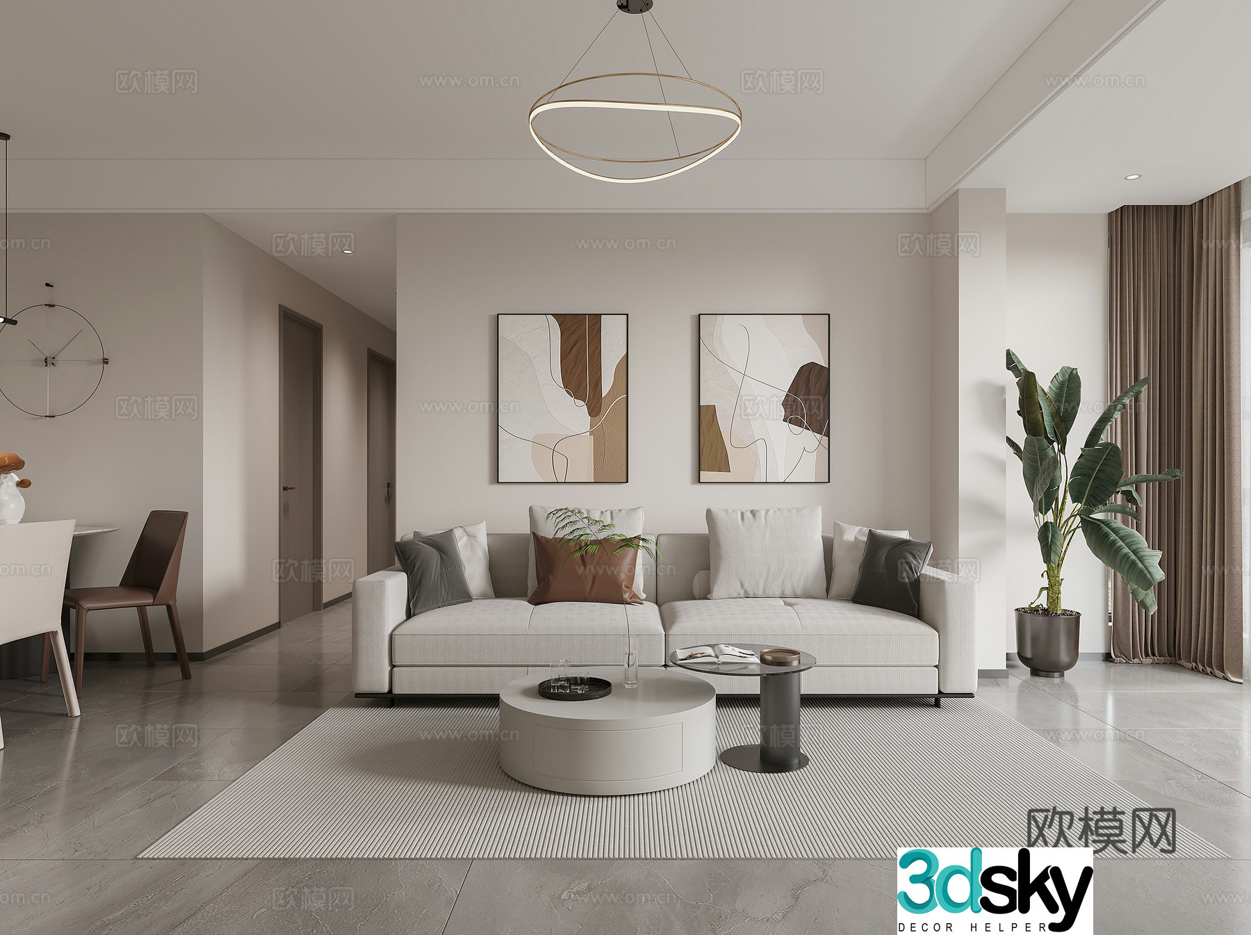 Modern living and dining room combination sofa potted modern living room dining table chandelier simple 3d model