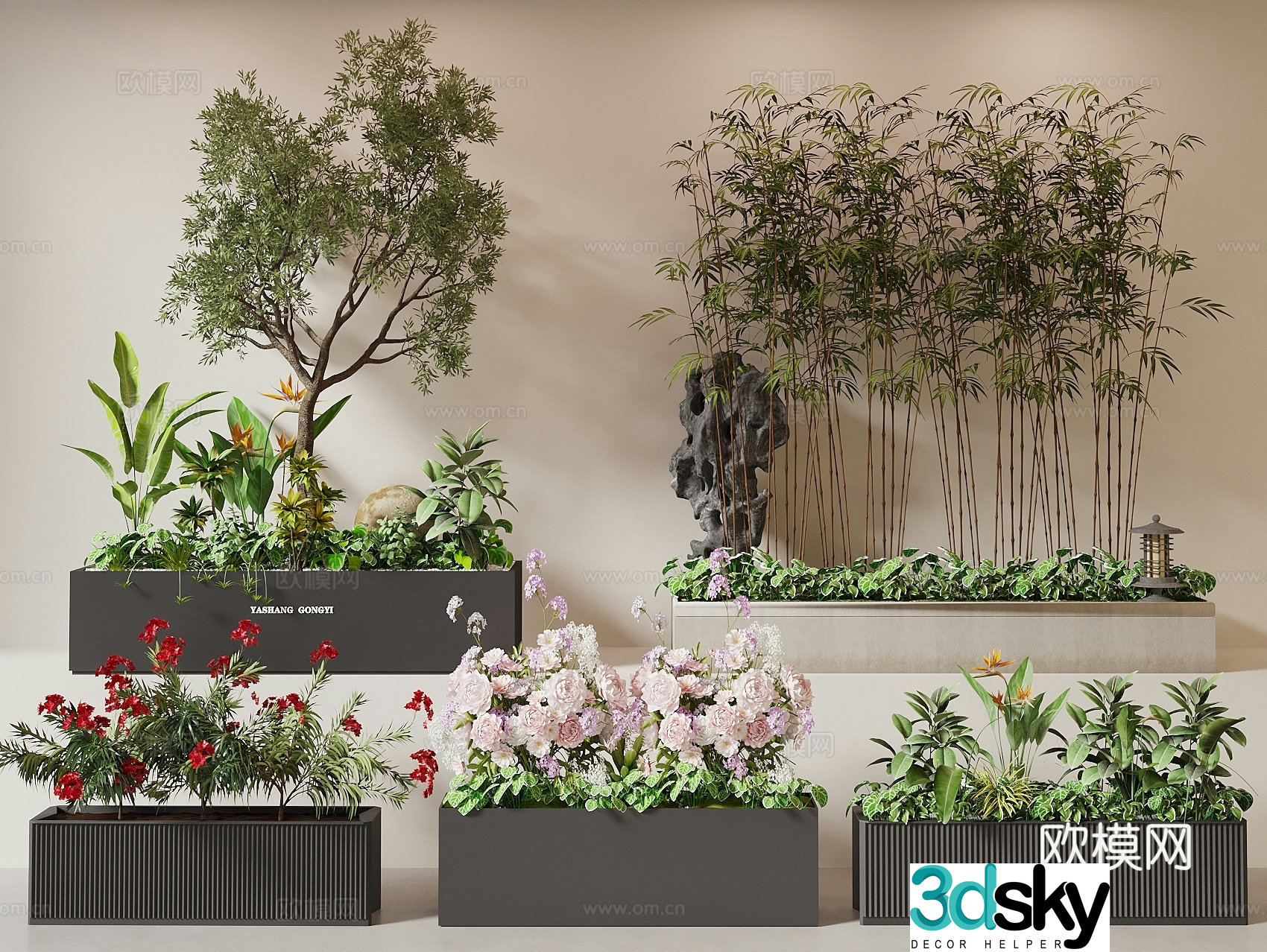 Flower box exterior plant flower box plant pile bamboo red maple mobile flower box 3D model