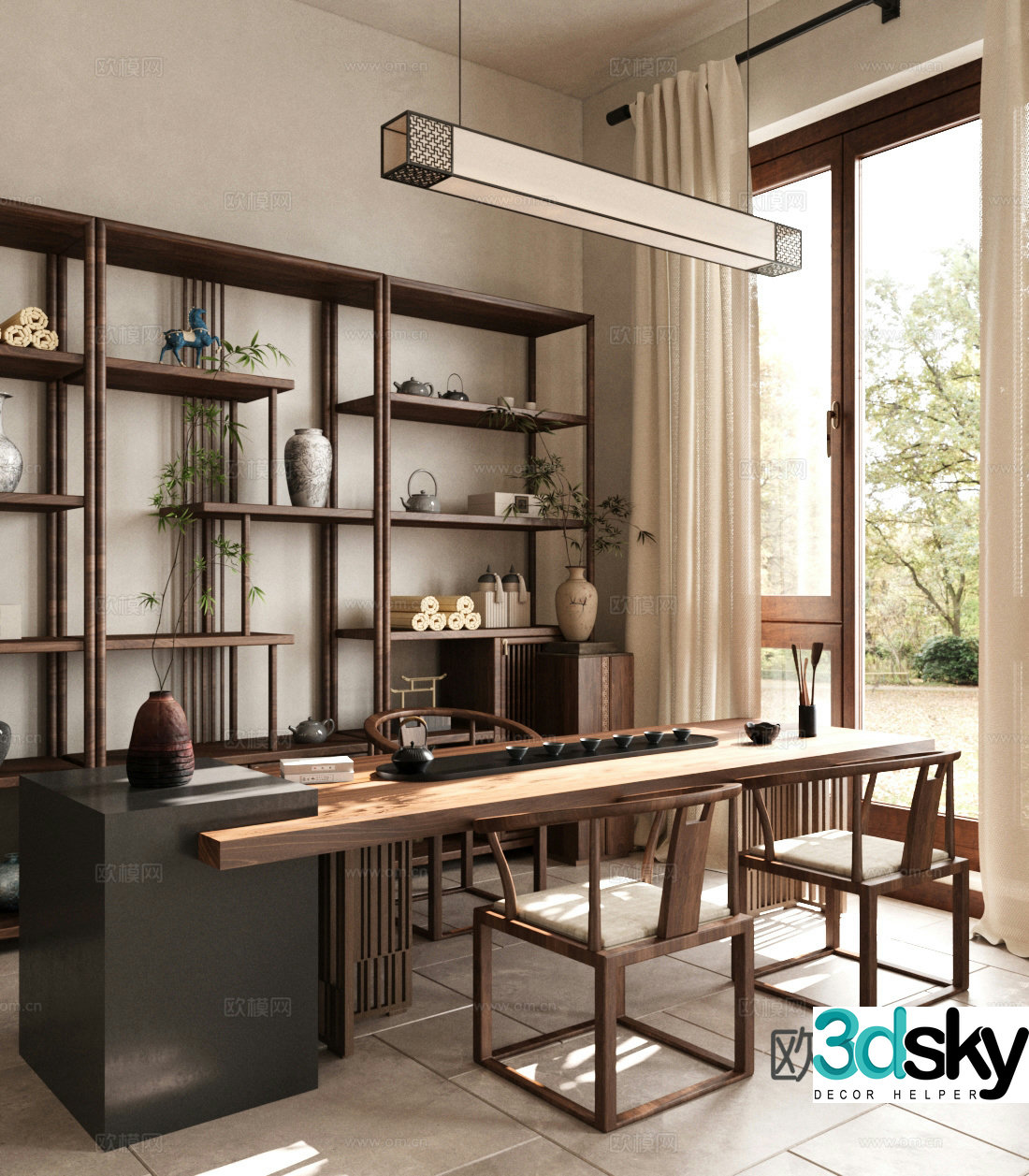 New Chinese-style tea room tea table and chair combination tea cabinet solid wood high cabinet tea set 3D model