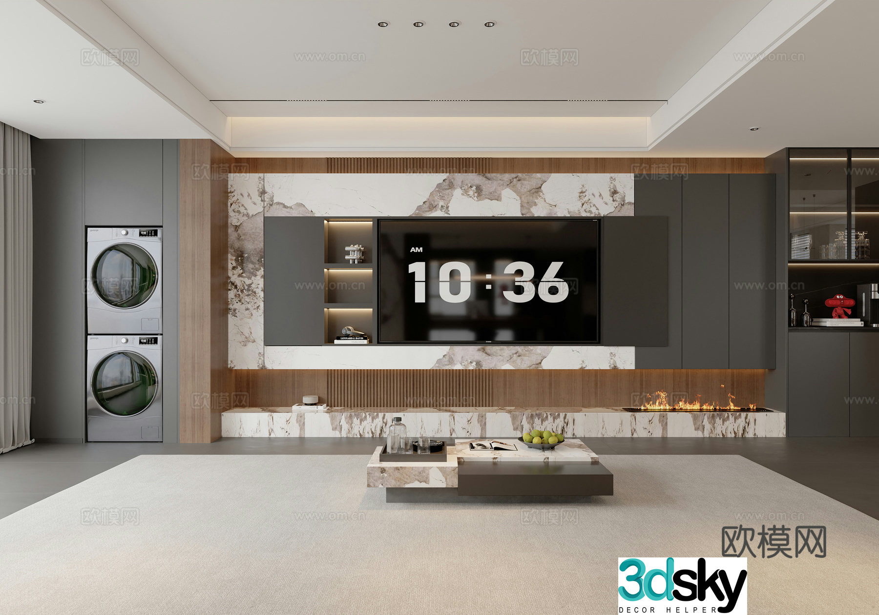 Modern living room TV background wall fireplace modern living room light luxury Italian living room wine cabinet 3d model