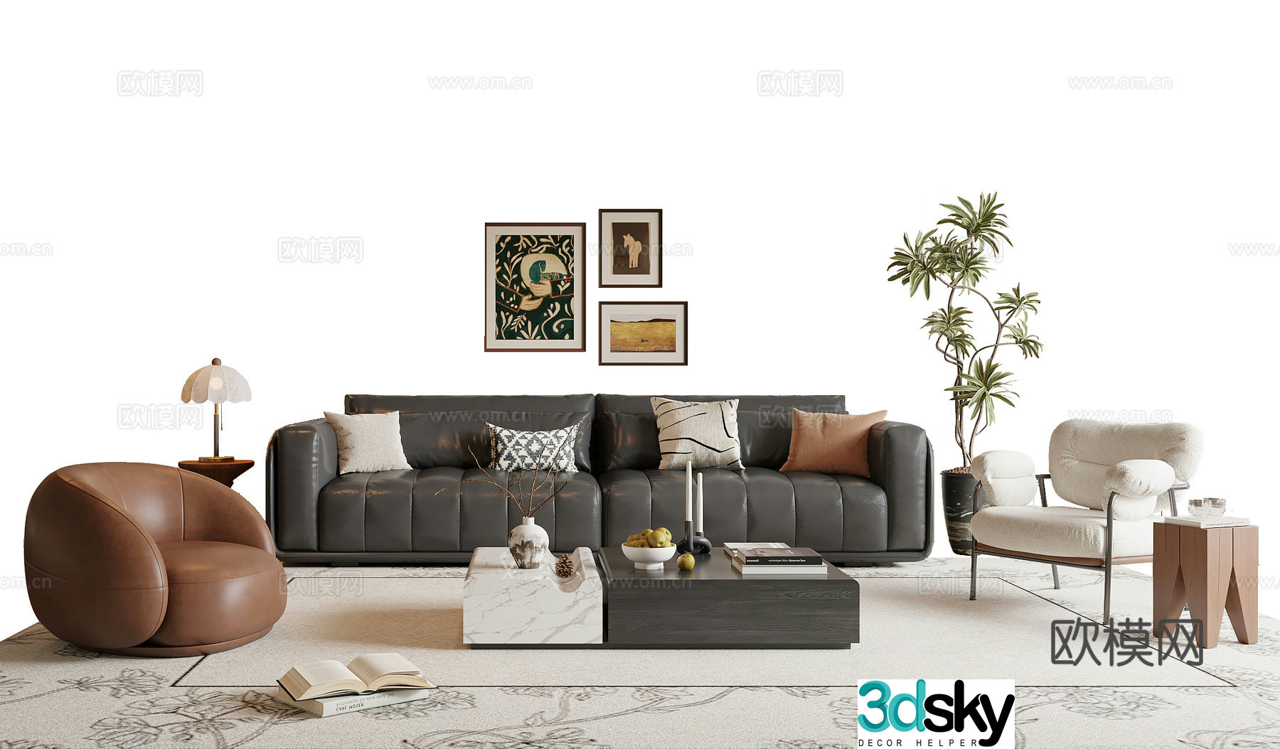 French retro sofa coffee table combination 3D model