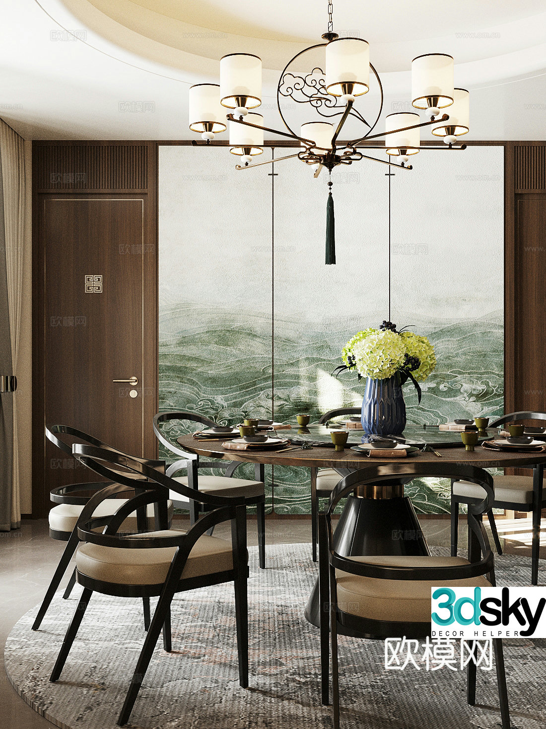 New Chinese restaurant private room restaurant private room dining table and chair combination chandeliers combination tableware combination 3D model