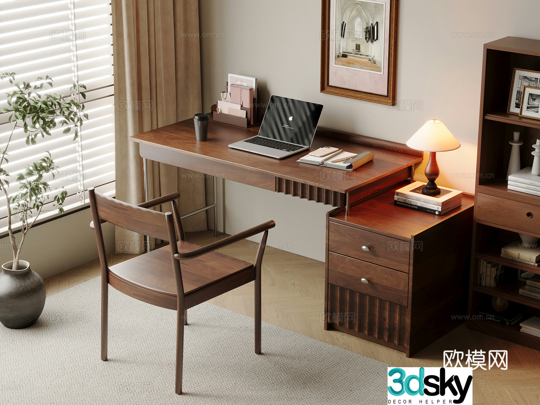 Middle-aged style desk and chair solid wood computer desk and chair writing desk study desk and chair solid wood single chair bookcase 3D model