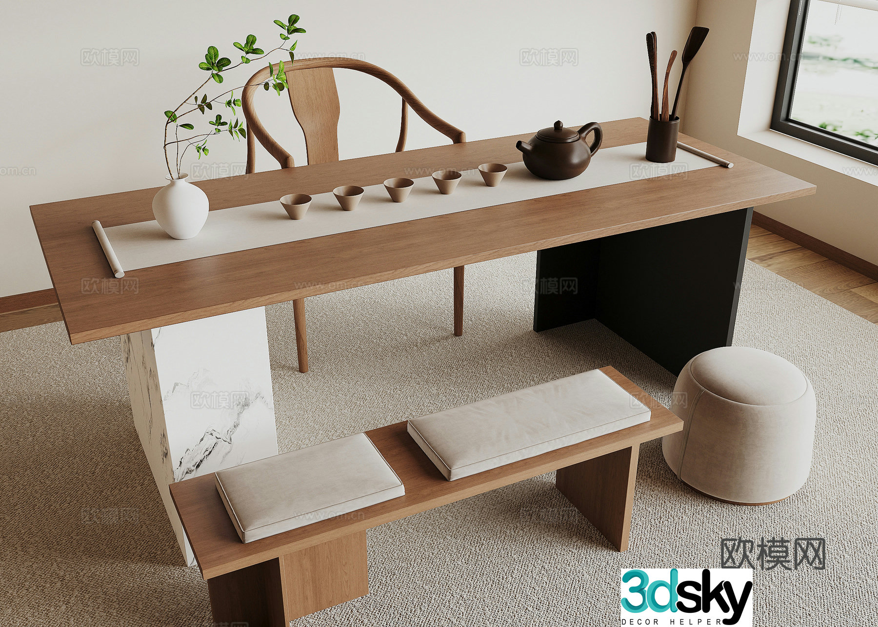 New Chinese tea table and chair 3D model