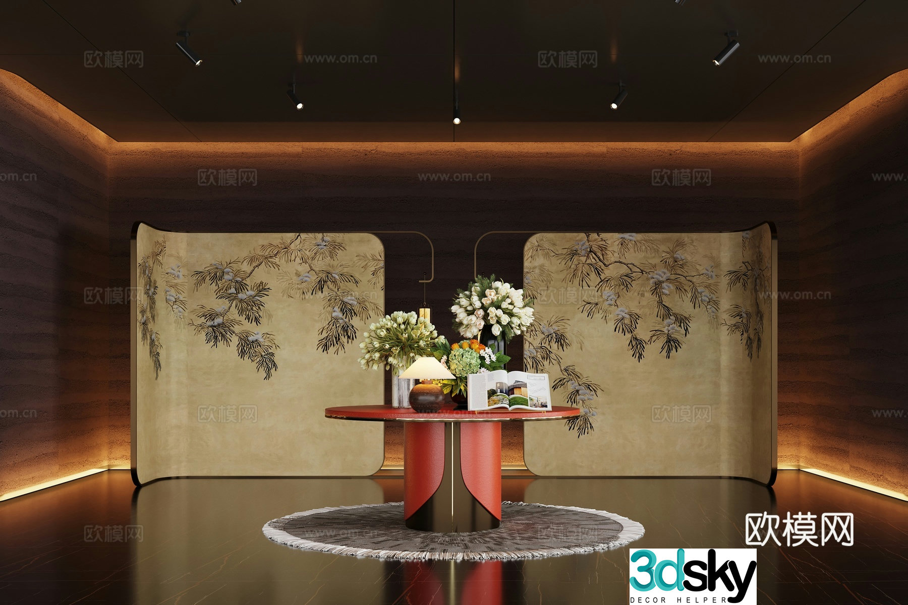 Modern hotel hall floral installation floral table combination 3D model