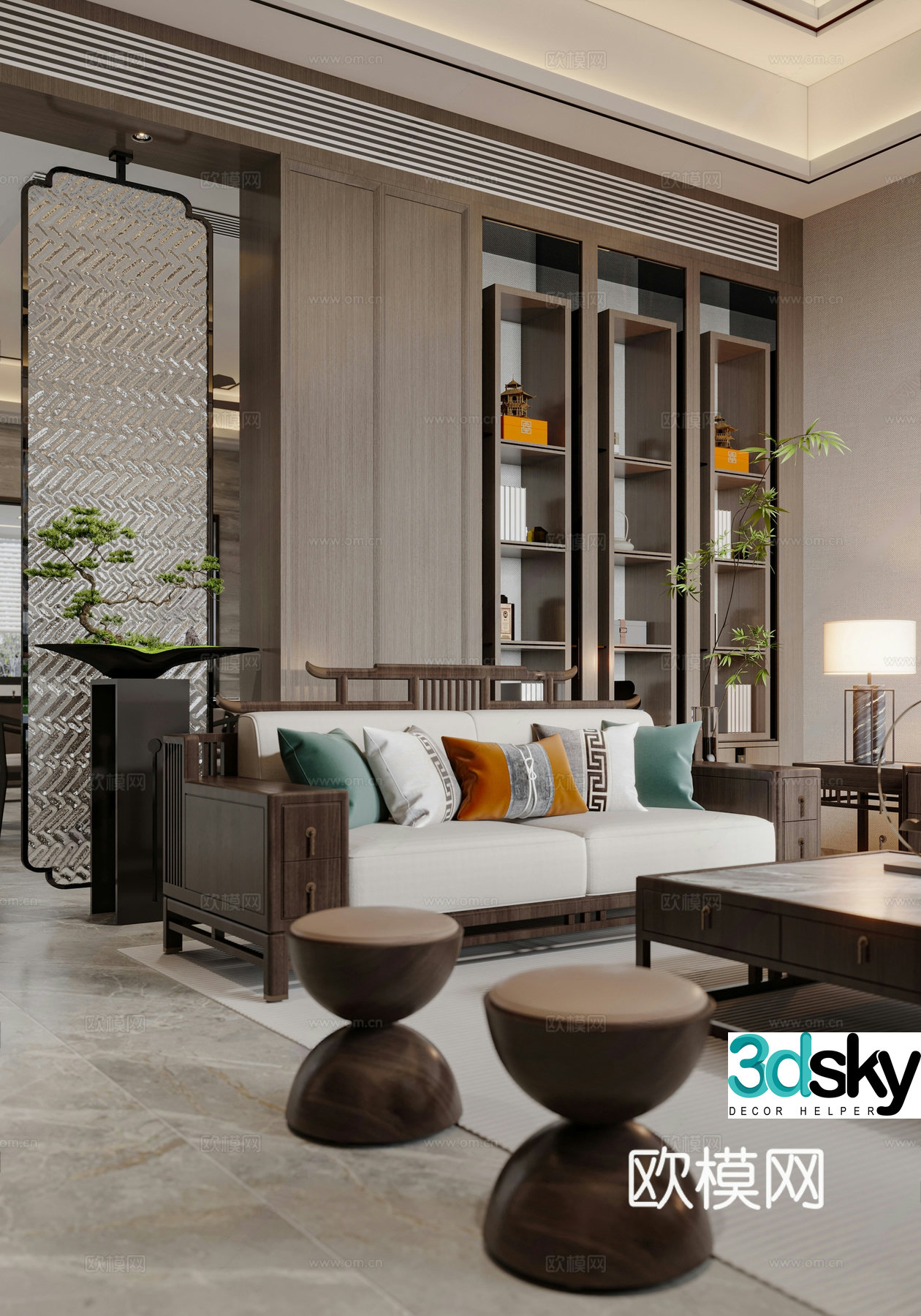 New Chinese style home living room sofa coffee table combination TV background wall sofa background wall end view platform 3D model