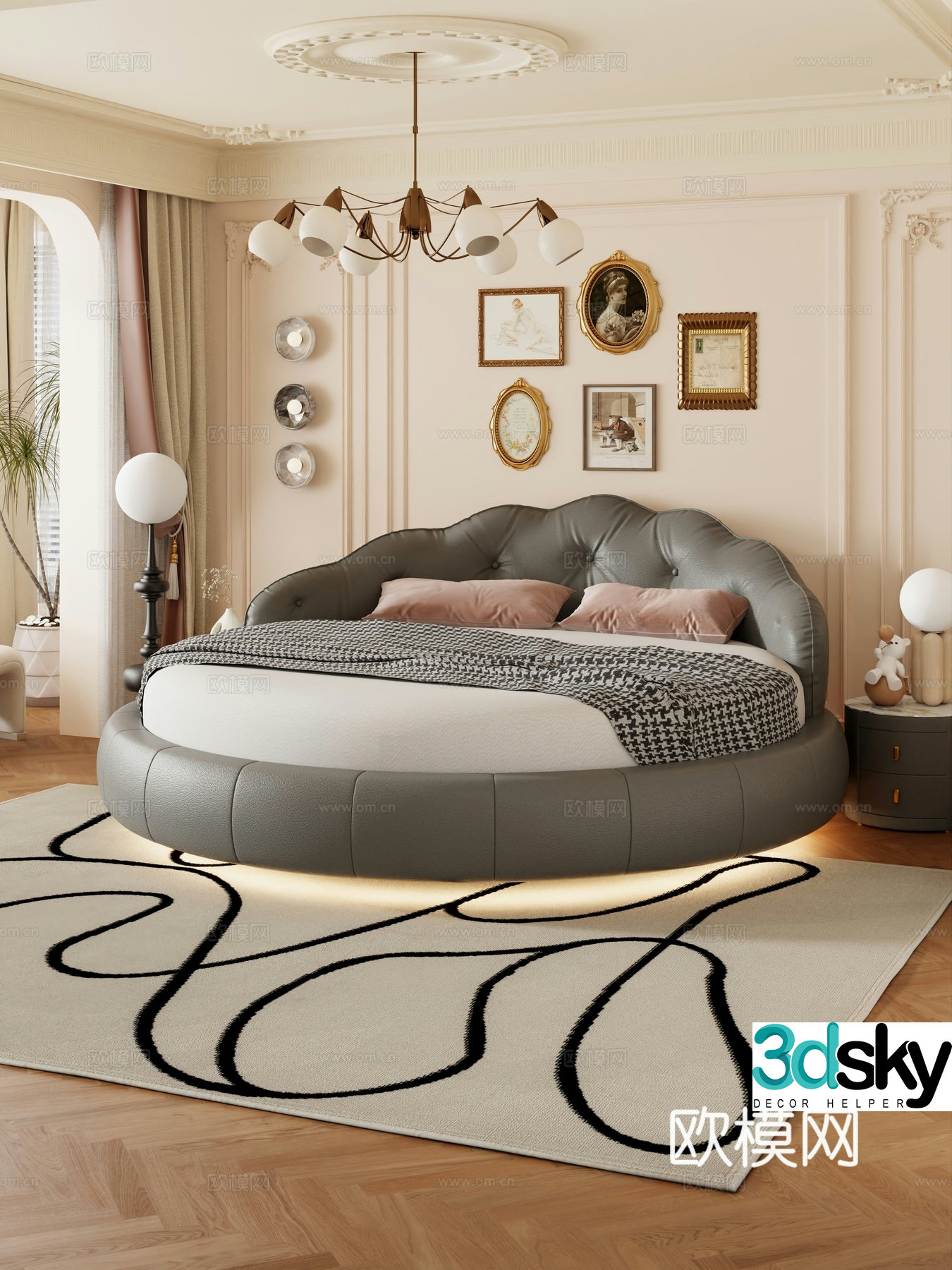 Round bed Double bed Bedding decoration 3d model