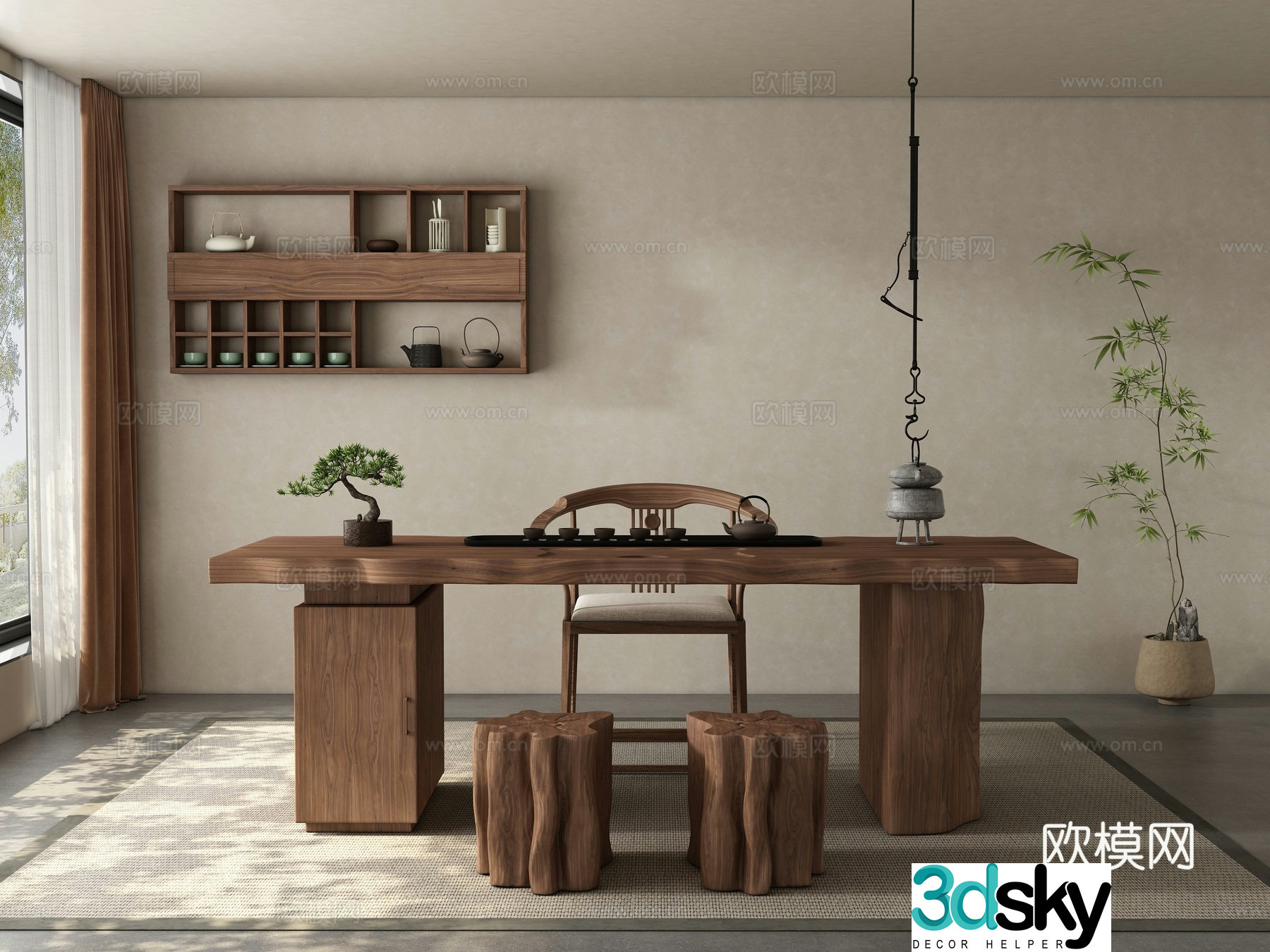 New Chinese style medieval tea room tea table and chair 3D model
