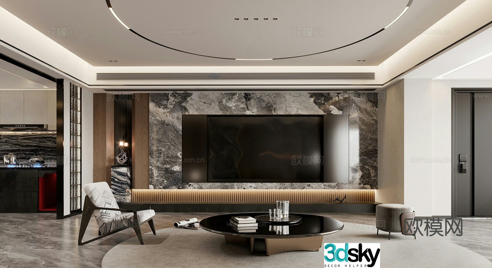 Modern Italian light luxury home living room sofa and coffee table combination marble TV background wall kitchen 3d model