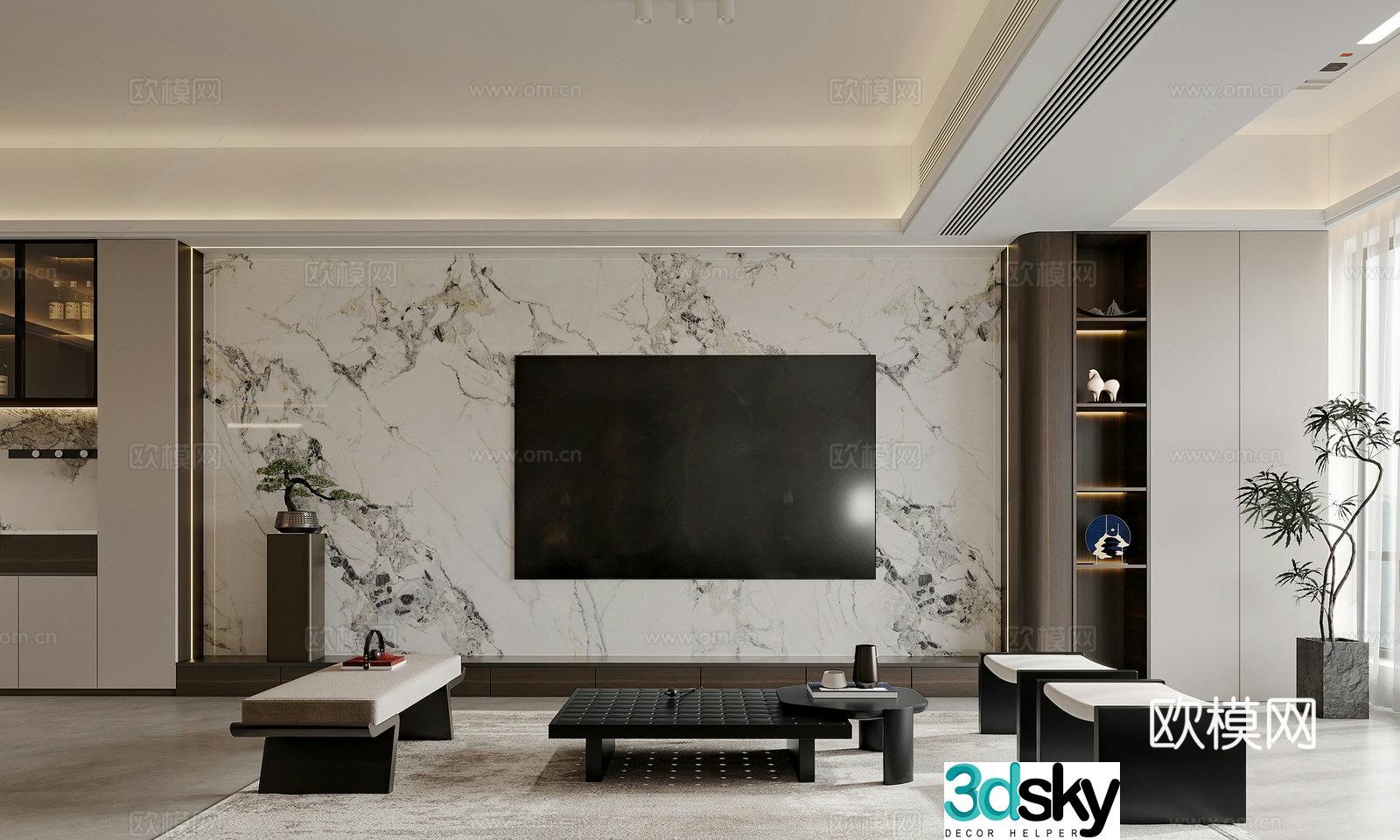 New Chinese style Chinese home living and dining room New Chinese style sofa coffee table combination TV background Balcony laundry 3D model