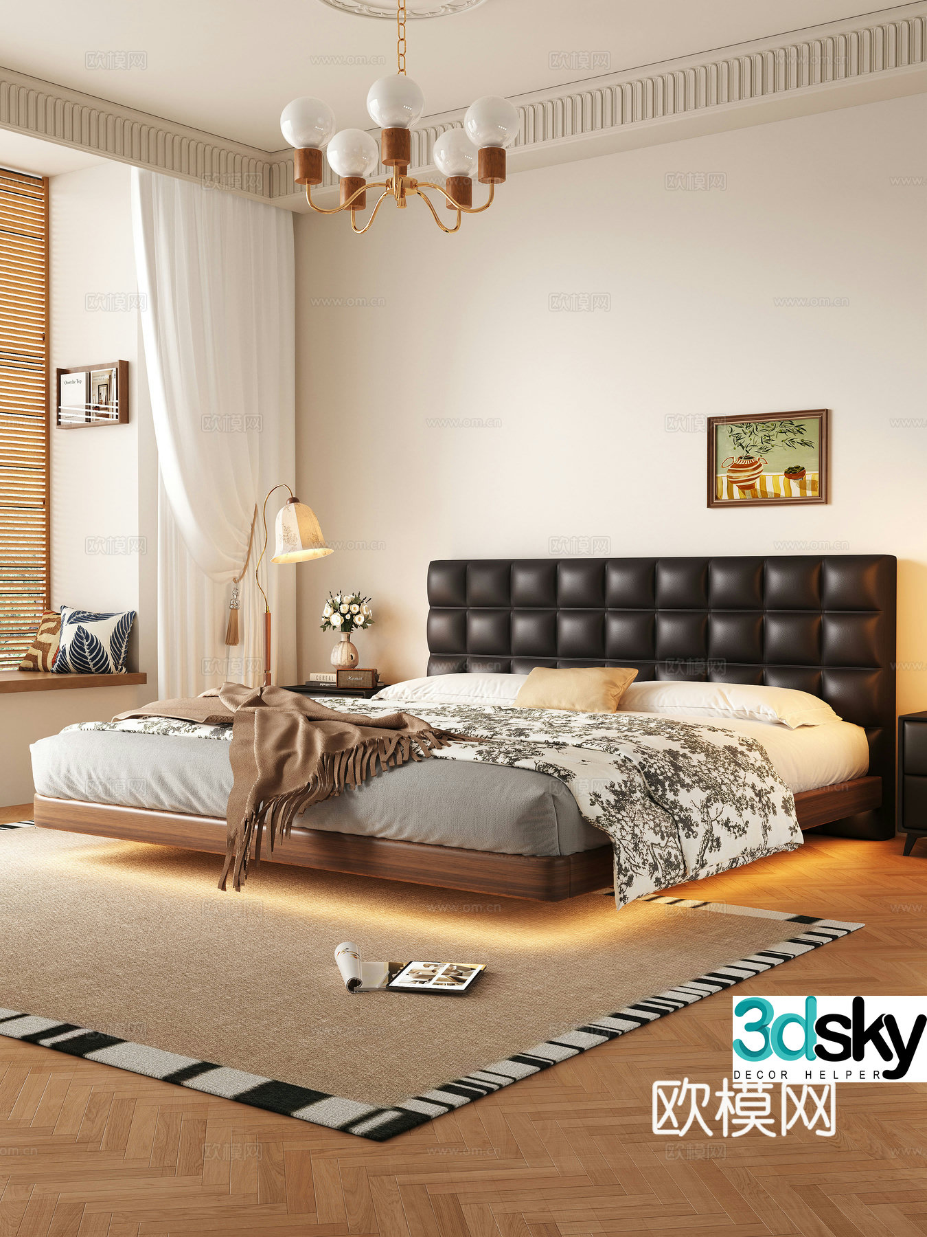 Modern medieval style bedroom with suspended bed 3d model
