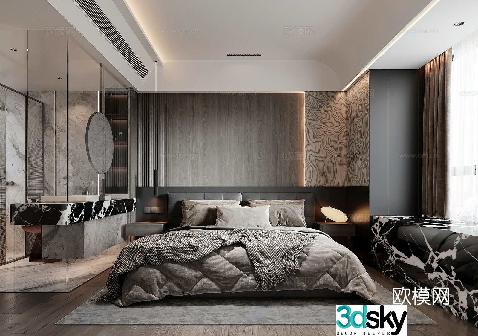 Modern Italian home bedroom oblique ceiling master bedroom bathroom double bed bedside table bay window 3d model