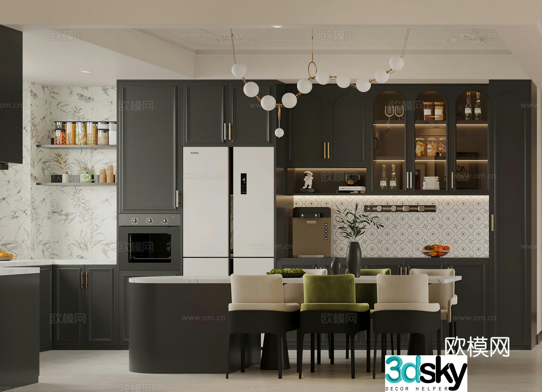 French restaurant wine cabinet refrigerator island open kitchen western kitchen American retro restaurant 3d model