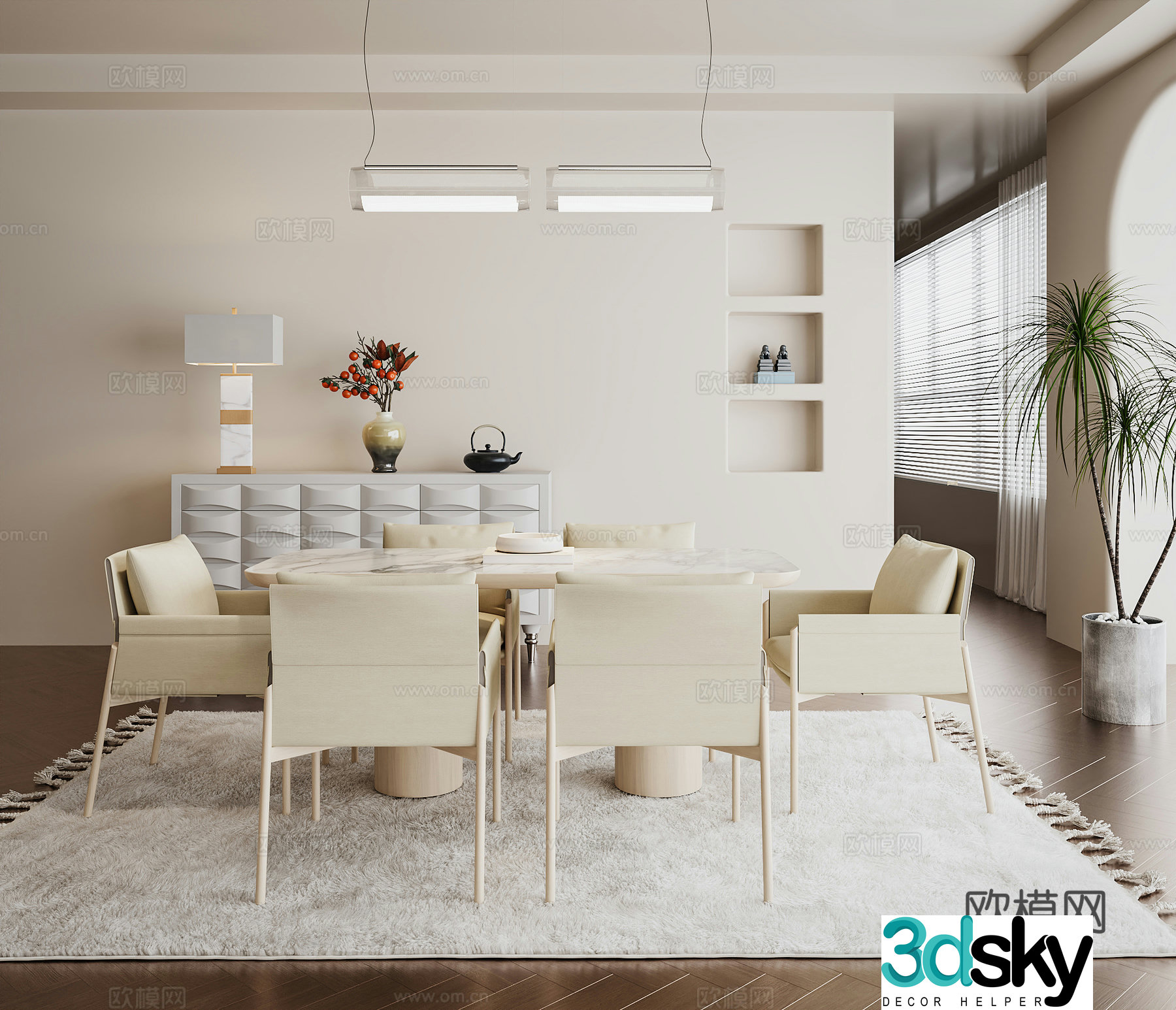 Creamy restaurant dining table combination sideboard carpet 3d model
