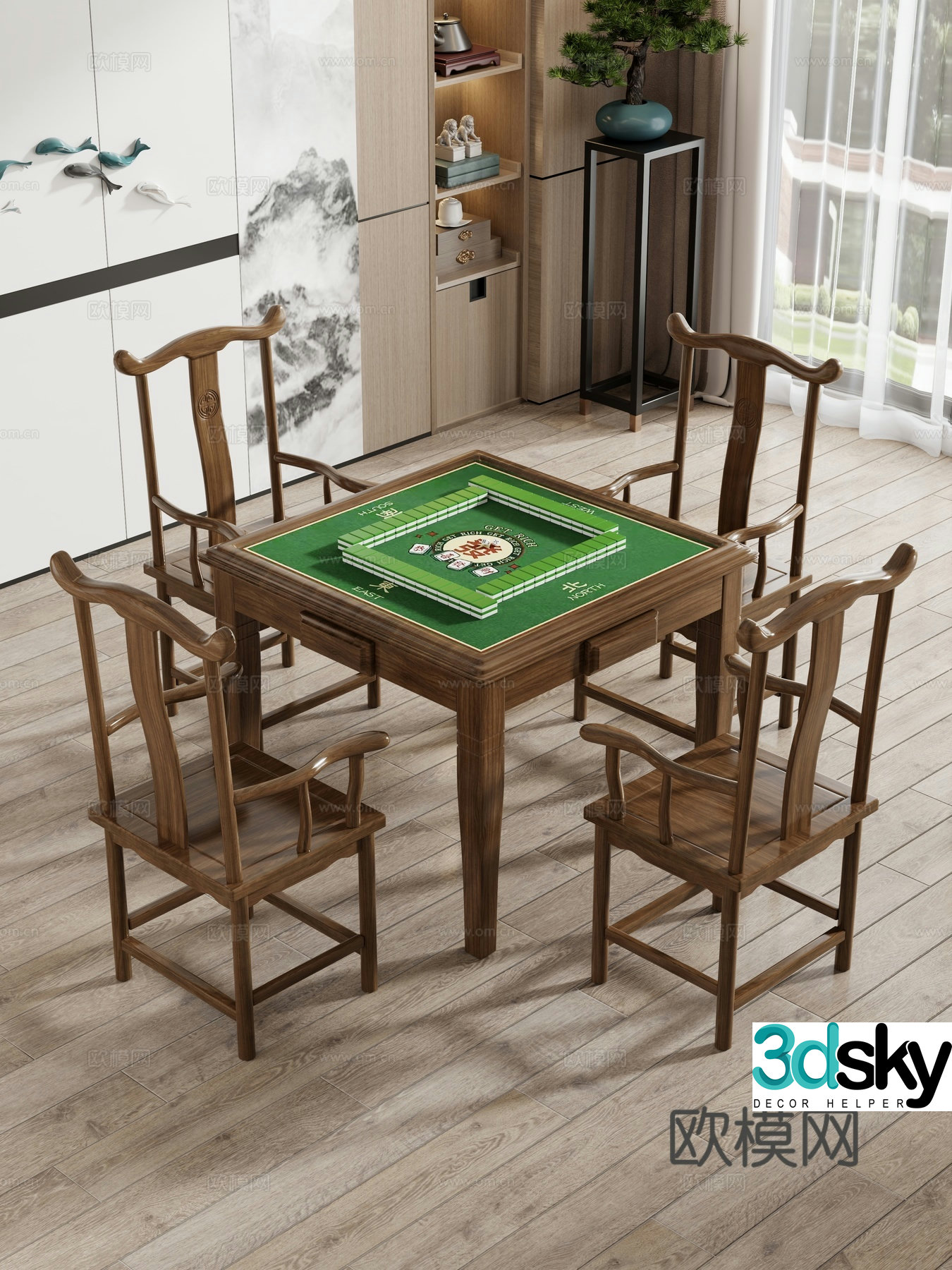 Mahjong table solid wood chair new Chinese table and chair 3D model