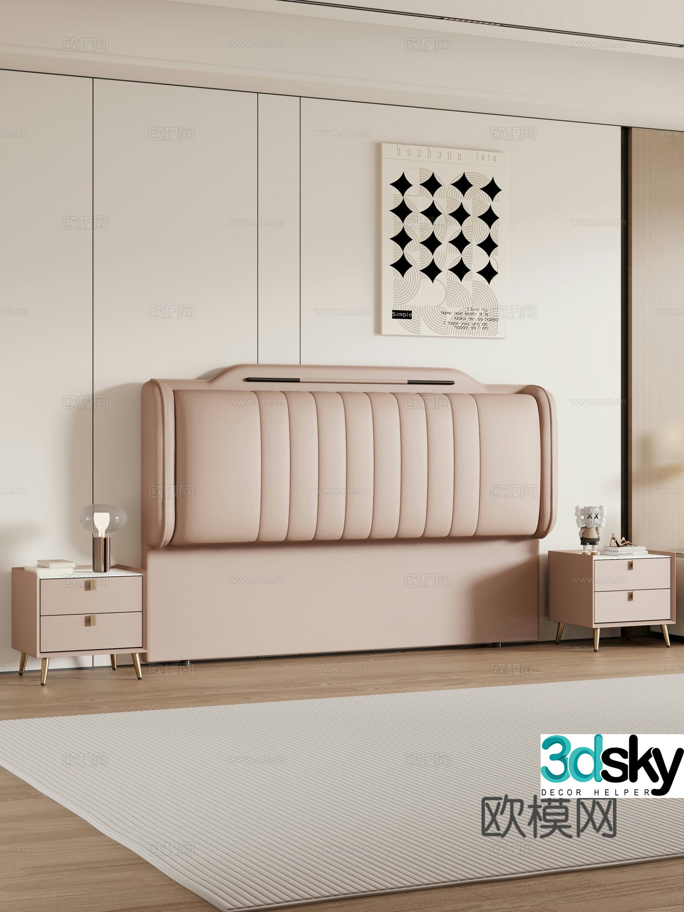 Modern bedroom Bedside double bed nightstand 3d model