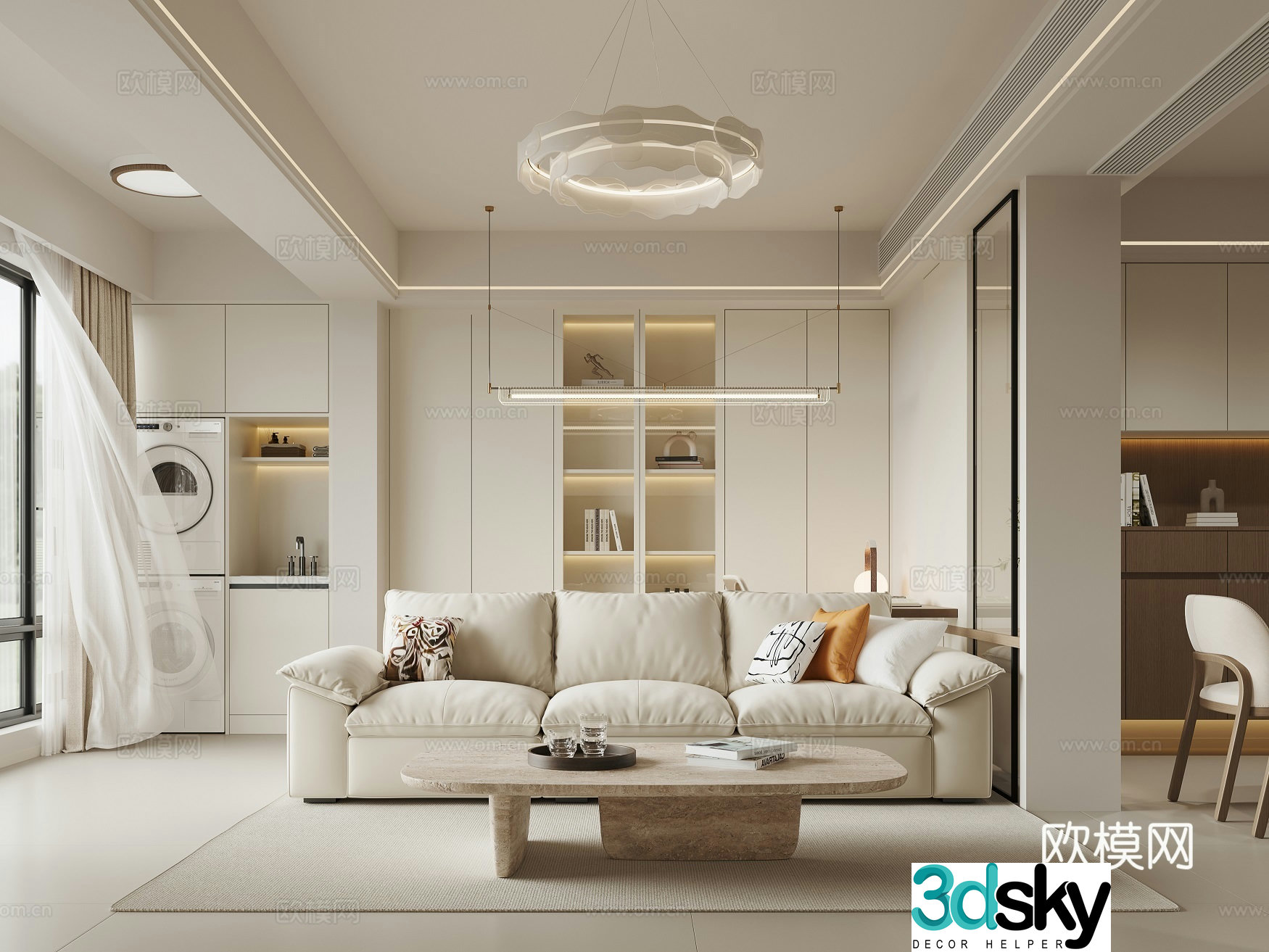 Modern Creamy Living Room 3D Model