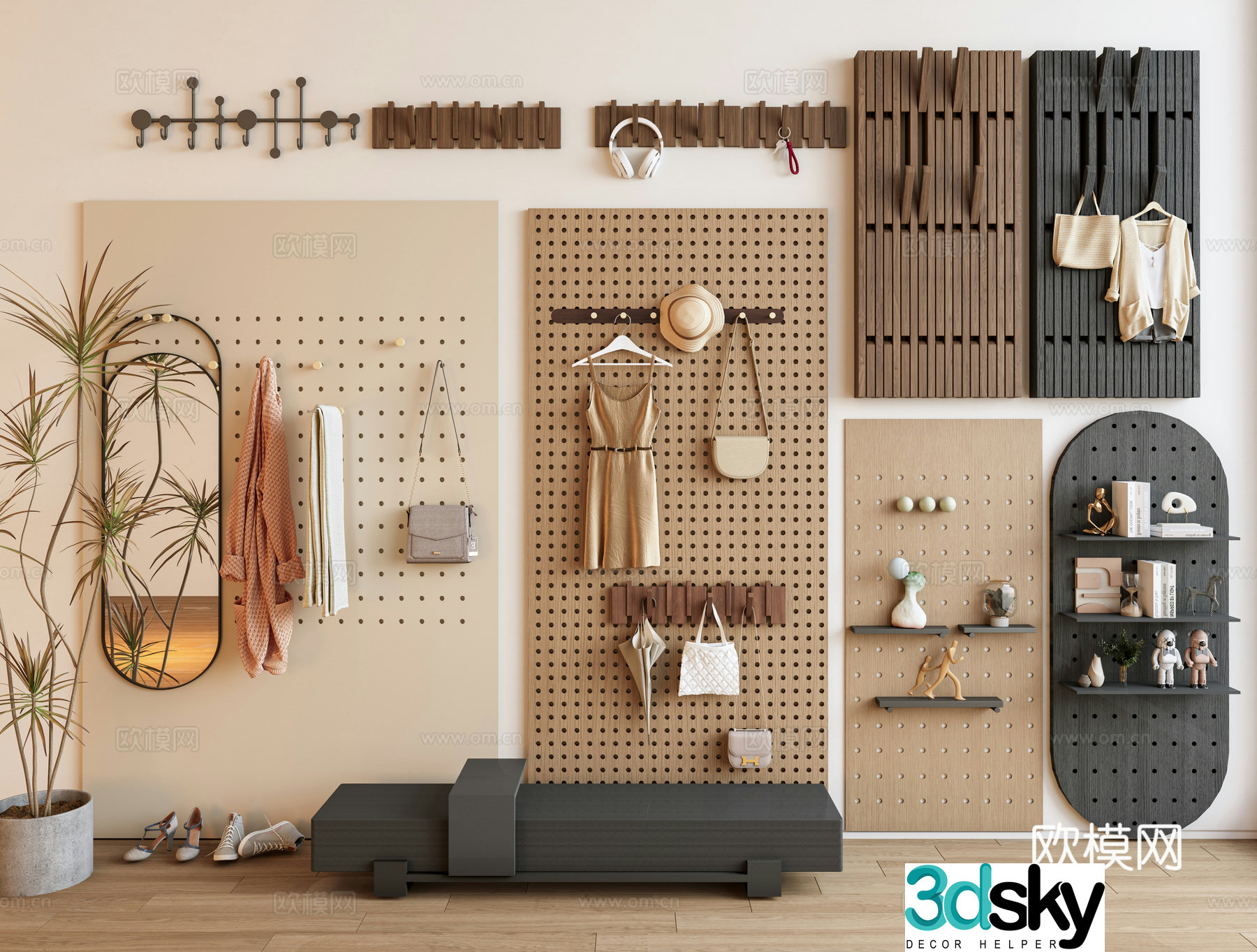 Hole board bookshelf clothes hook hat bag piano key clothes hook wall decoration pendant book 3d model