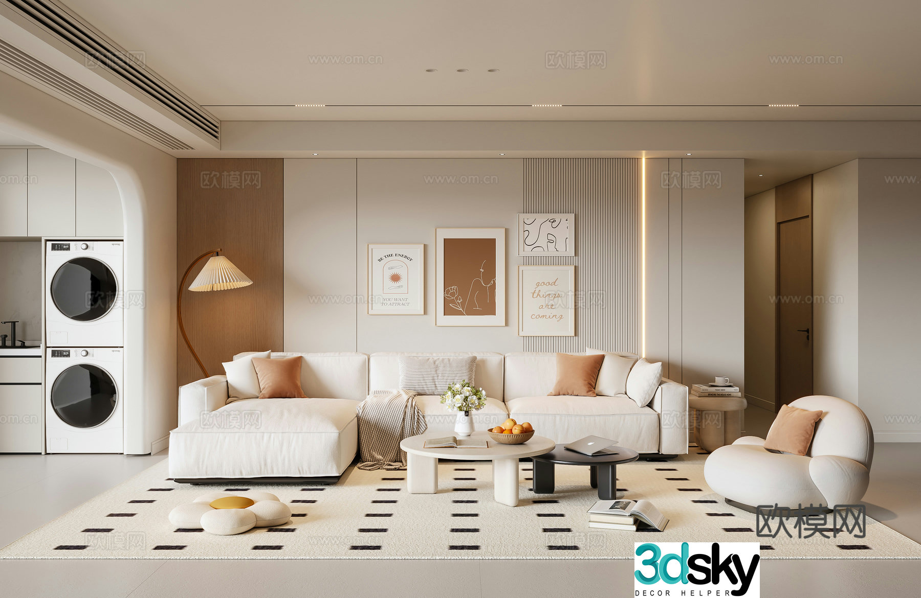 Modern creamy living room sofa coffee table casual sofa painting floor lamp 3d model