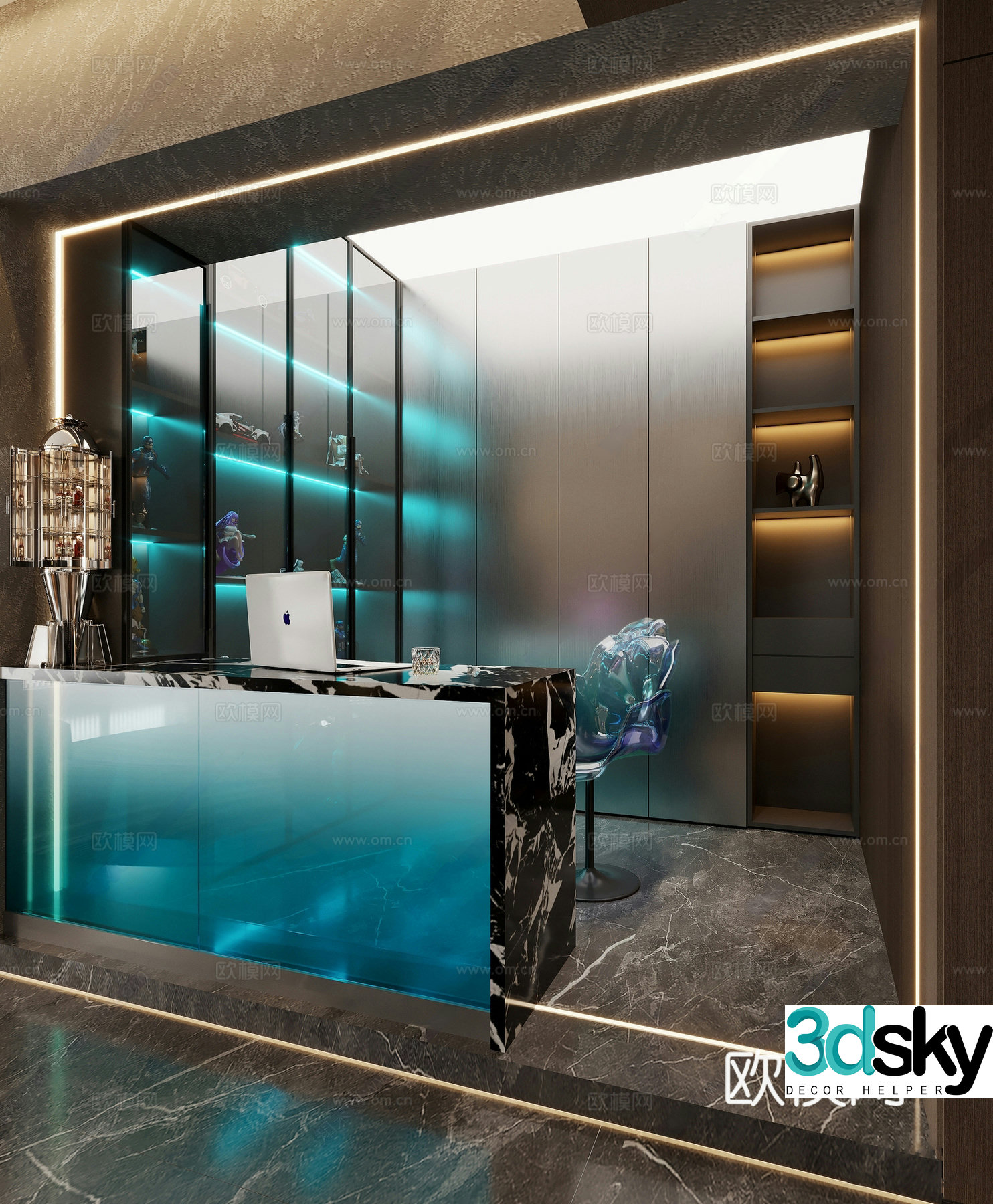 Modern Internet cafe front desk Gradient acrylic figure wall Decorative cabinet Bar chair 3D model