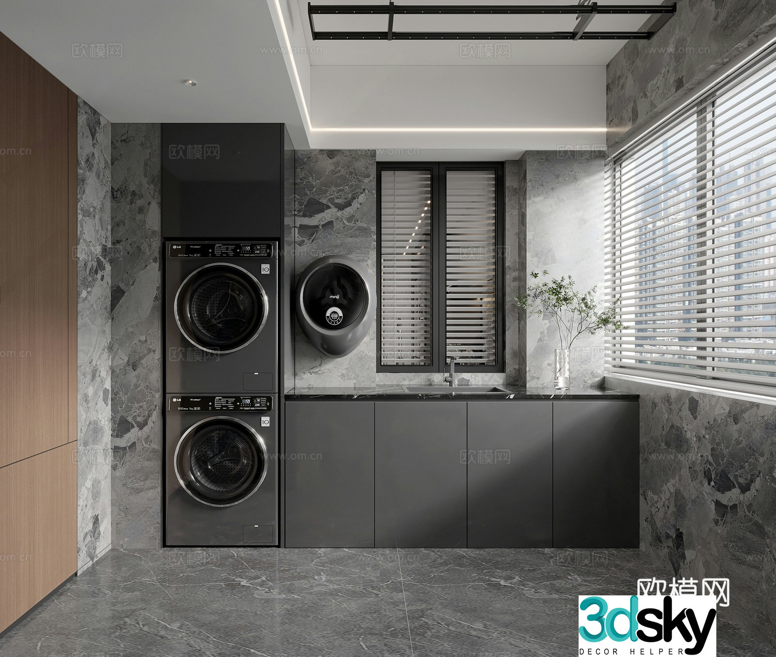 Modern living balcony washing machine washing and drying integrated balcony cabinet sink vase 3d model