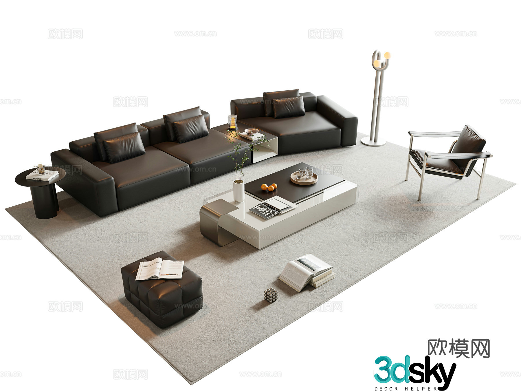 Italian sofa coffee table combination corner sofa leather sofa multi-person sofa square coffee table 3D model
